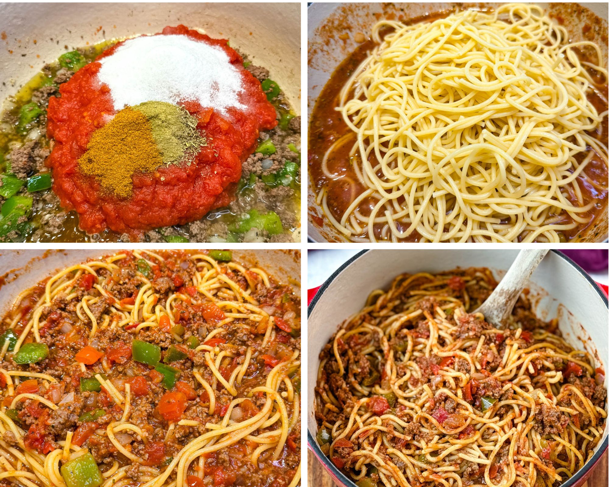 Four-photo collage showing the process of making spaghetti: meat, vegetables, and seasonings in the pot, spaghetti noodles added, and the sauce being stirred.