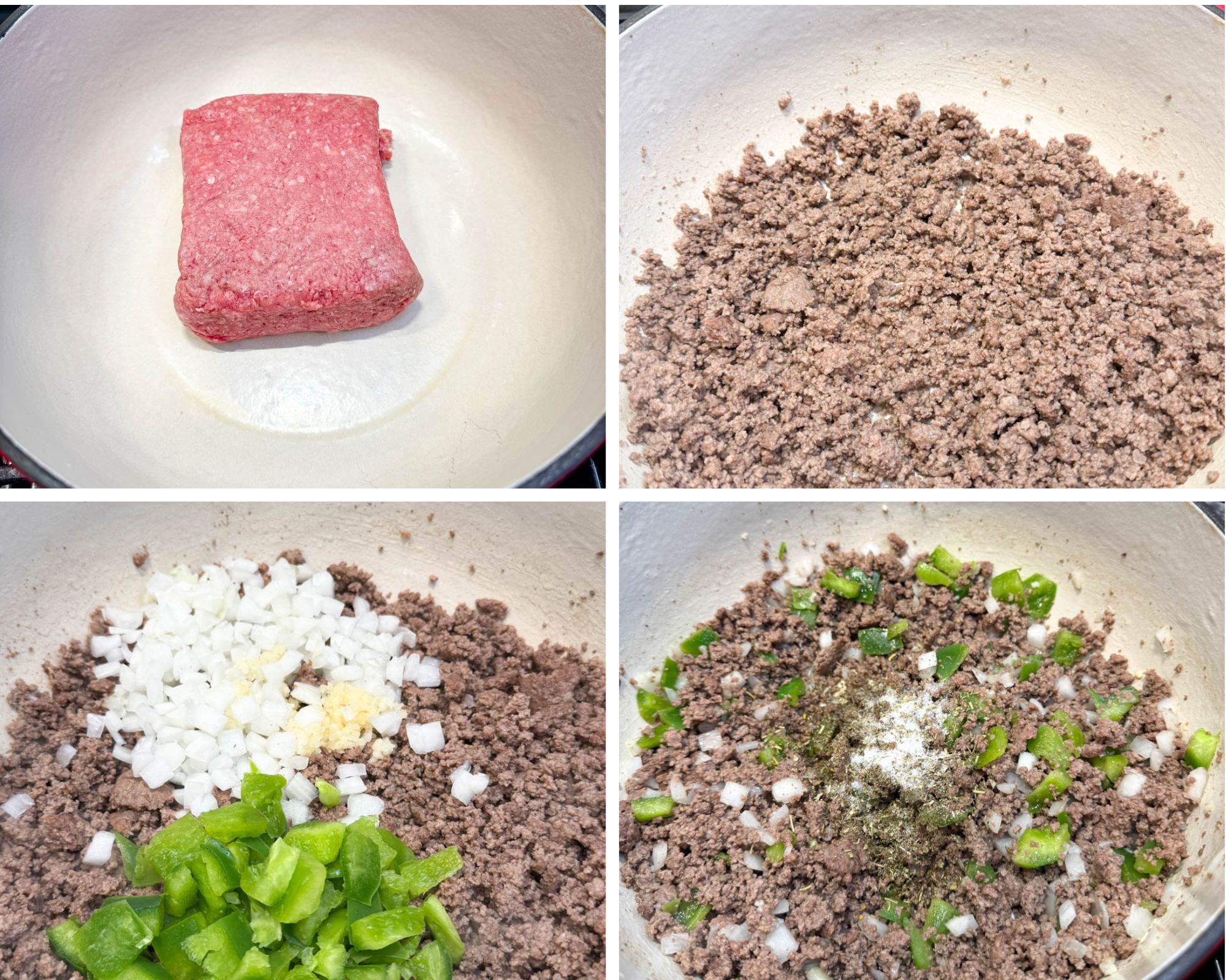 Four-step cooking collage: raw ground beef in a pot, cooked and crumbled beef, diced onions and green peppers added, then seasonings sprinkled over the mix.