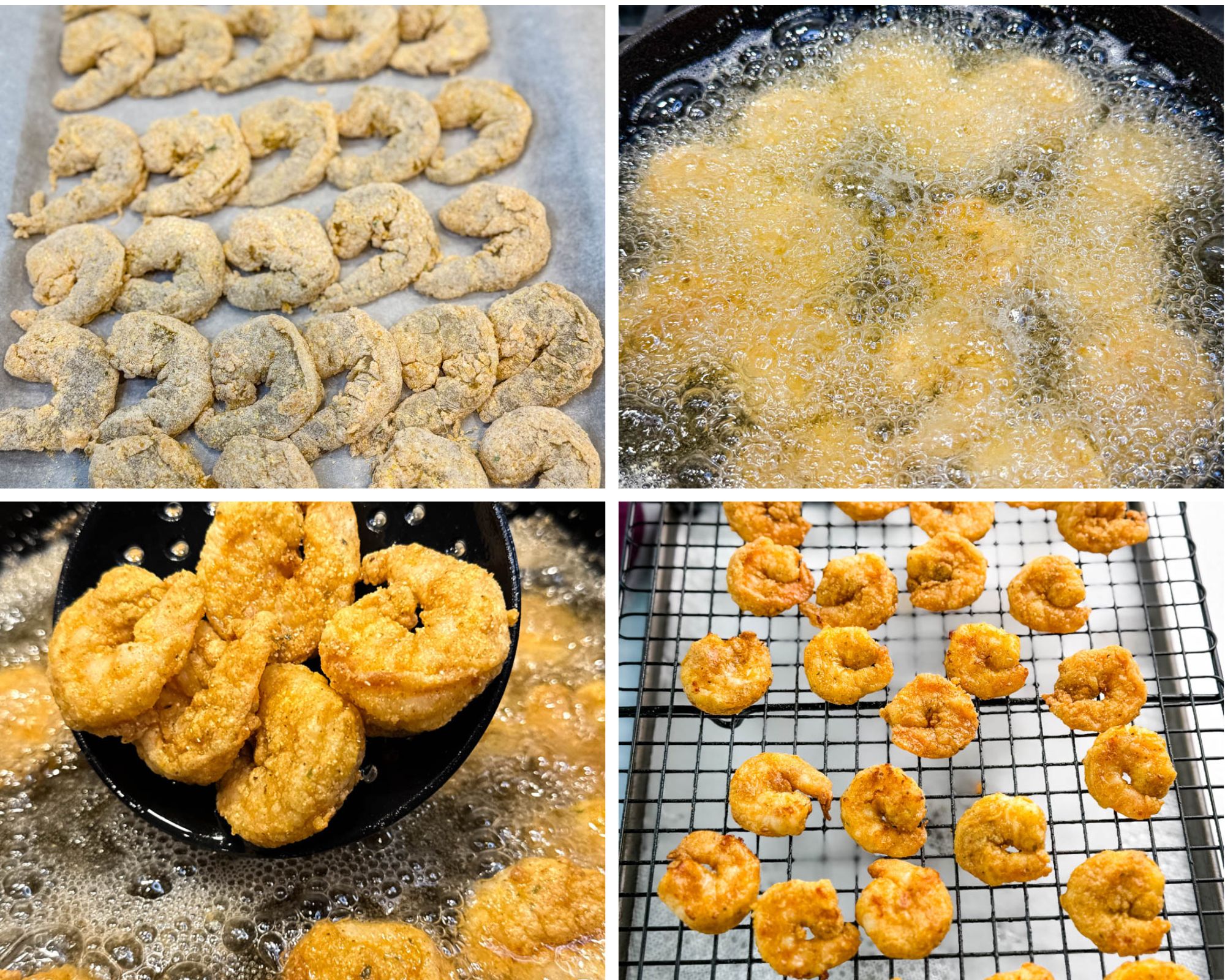 Step-by-step collage showing shrimp being breaded, fried, drained on a wire rack, and the final crispy shrimp. Highlights each stage of the cooking process clearly.