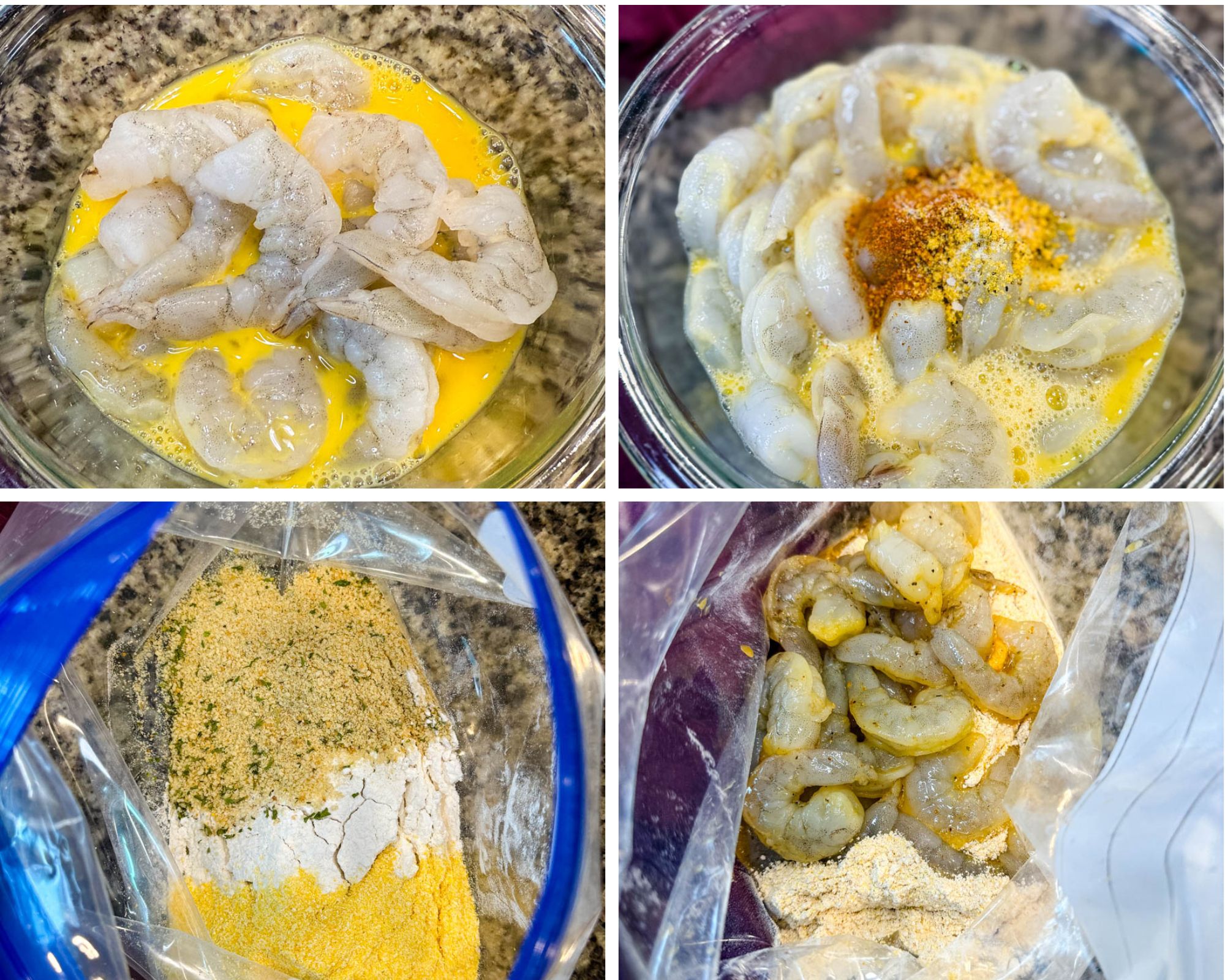Four-panel collage showing raw shrimp in an egg wash, seasoned egg mixture, breading mix in a zip-top bag, and shrimp being coated in the bag—demonstrating the breading process start to finish.