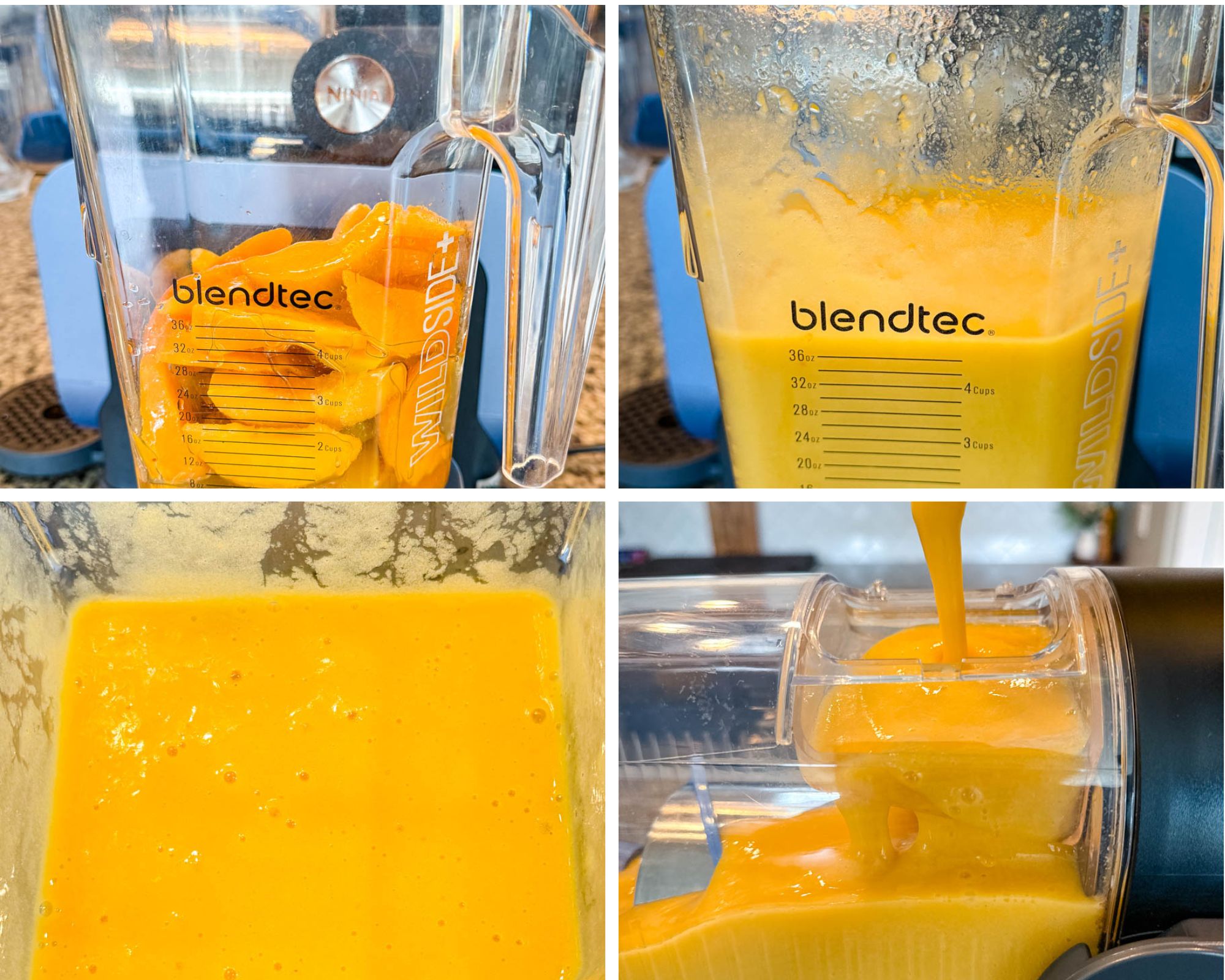 Sliced peaches inside a Blendtec blender jar before blending.