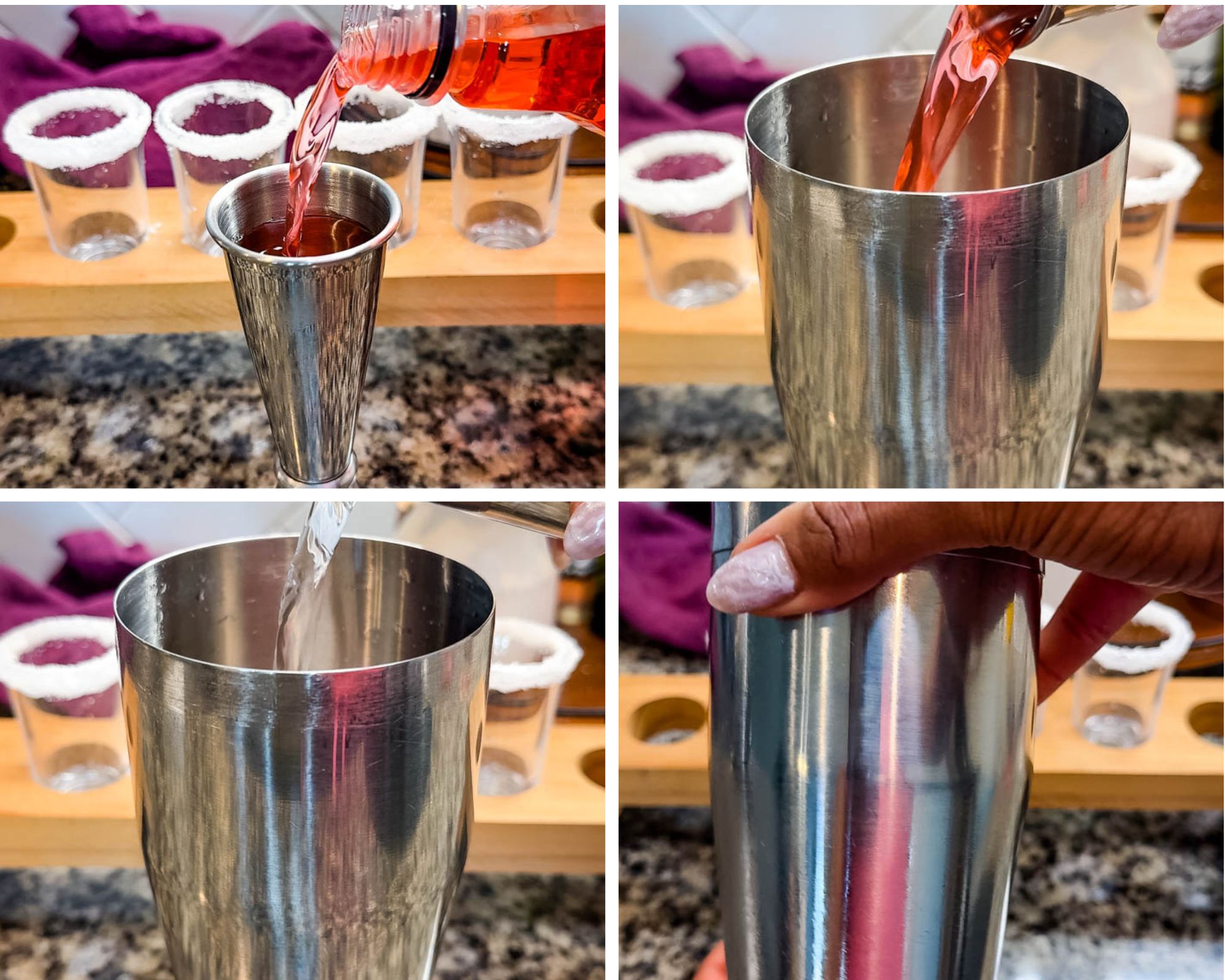 A four-photo collage showing the step-by-step process of making pink Starburst shots. The steps include pouring pink liquid and clear liquor into a jigger, transferring it to a stainless steel cocktail shaker, and preparing to shake. Sugar-rimmed shot glasses are lined up in the background on a wooden tray.