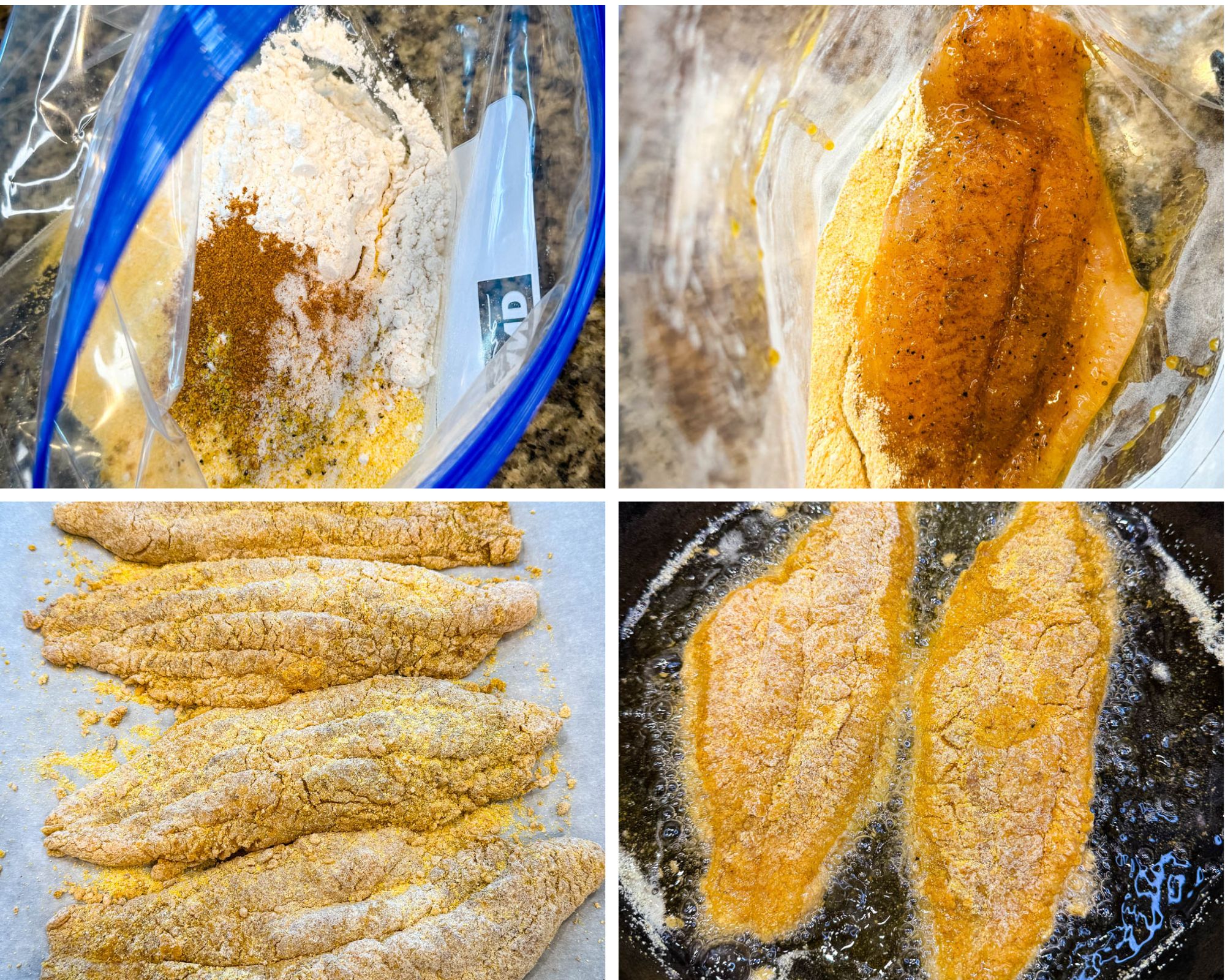 Four-step photo collage showing the process of breading and frying catfish fillets. Top left: a plastic bag filled with flour, cornmeal, and seasonings. Top right: a raw catfish fillet coated in seasoning inside the bag. Bottom left: several breaded catfish fillets laid out on parchment paper. Bottom right: two fillets frying in hot oil, starting to turn golden and crispy.