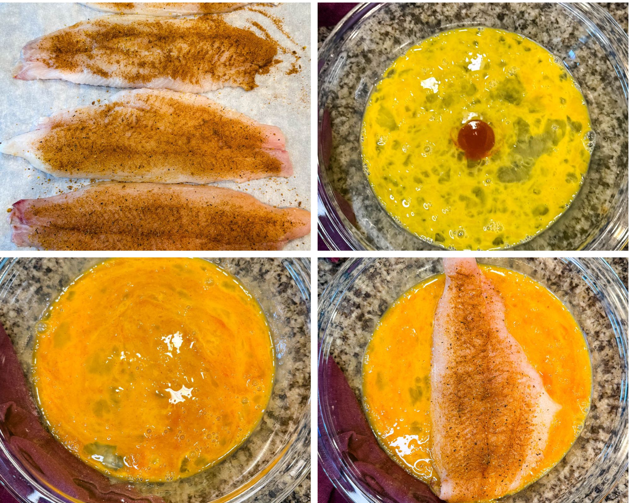 Four-step collage showing the preparation of Southern fried catfish. Top left: raw catfish fillets seasoned with spices and laid out on parchment paper. Top right: a bowl of cracked eggs with hot sauce in the center. Bottom left: the eggs and hot sauce fully whisked into an orange egg wash. Bottom right: a seasoned catfish fillet placed in the egg wash, ready to be dredged.