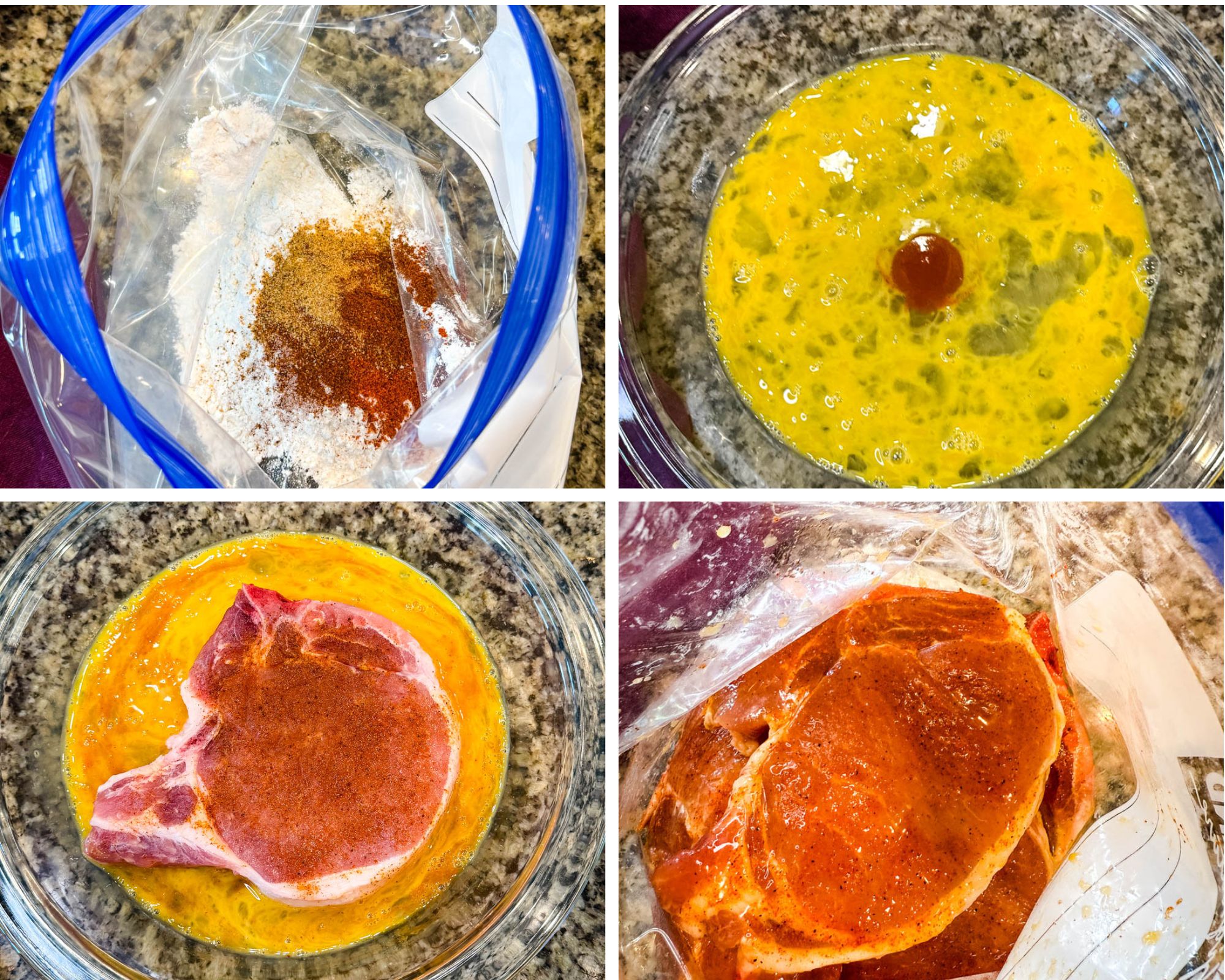A plastic bag filled with flour and seasonings for breading Southern fried pork chops.