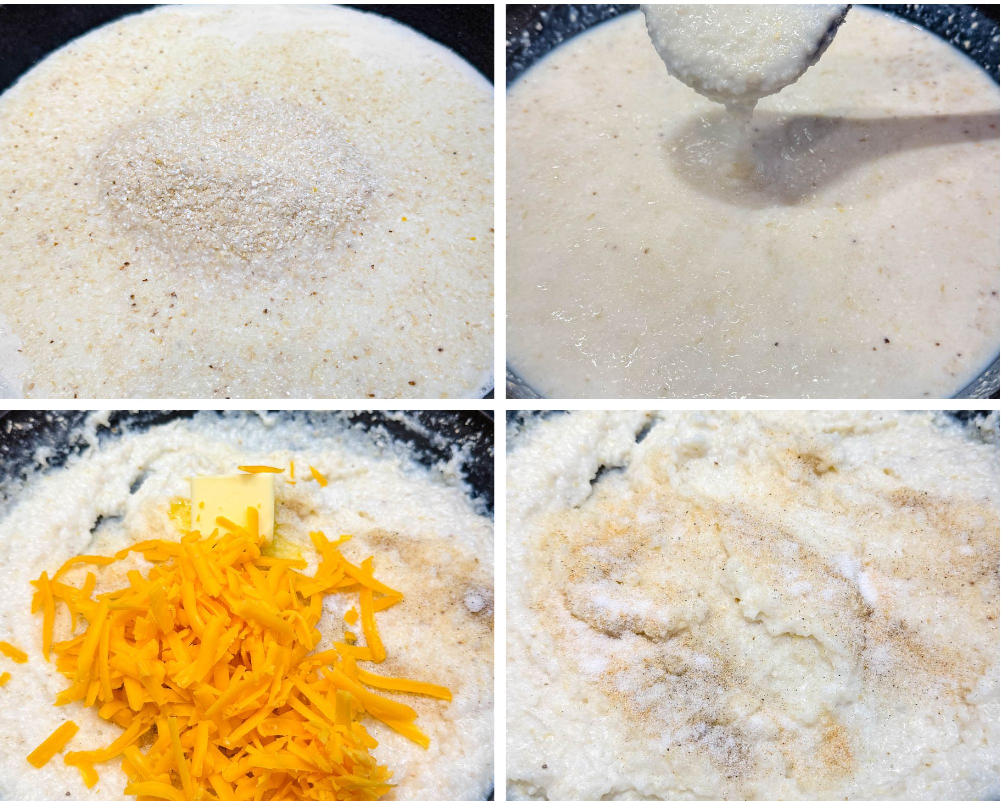 Collage showing step-by-step process of cooking Southern cheese grits: pouring grits into liquid, thickening stage, adding cheddar and butter, and final seasoning with salt and pepper.