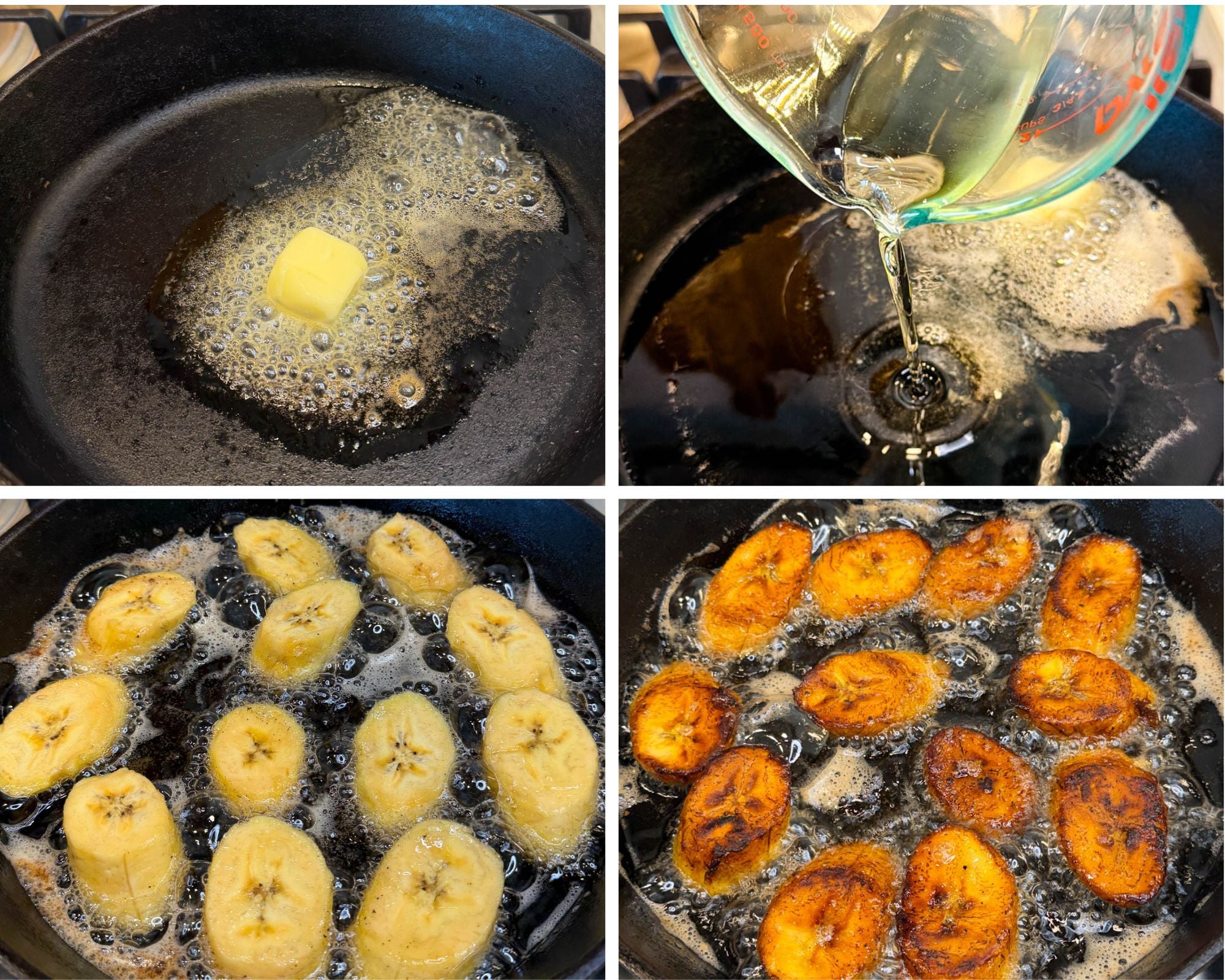 Step-by-step collage showing butter melting, oil being added, plantains frying, and turning golden brown in a skillet
