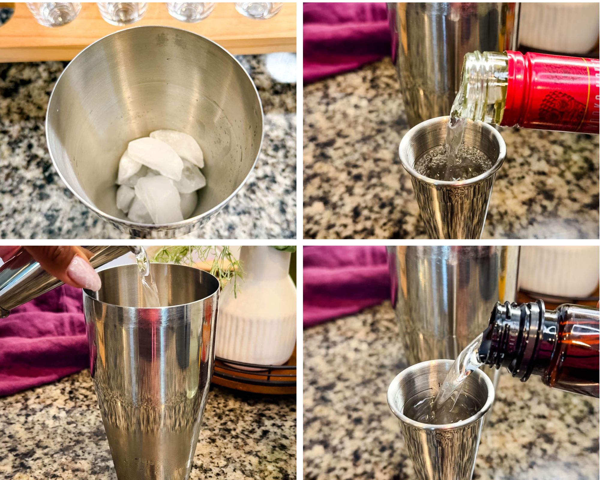 A collage showing the process of preparing a cocktail. Top-left: ice cubes inside a metal cocktail shaker. Top-right: vodka being poured into a jigger. Bottom-left: liquid from the jigger being added to the shaker. Bottom-right: a second type of liquor being poured into a jigger.