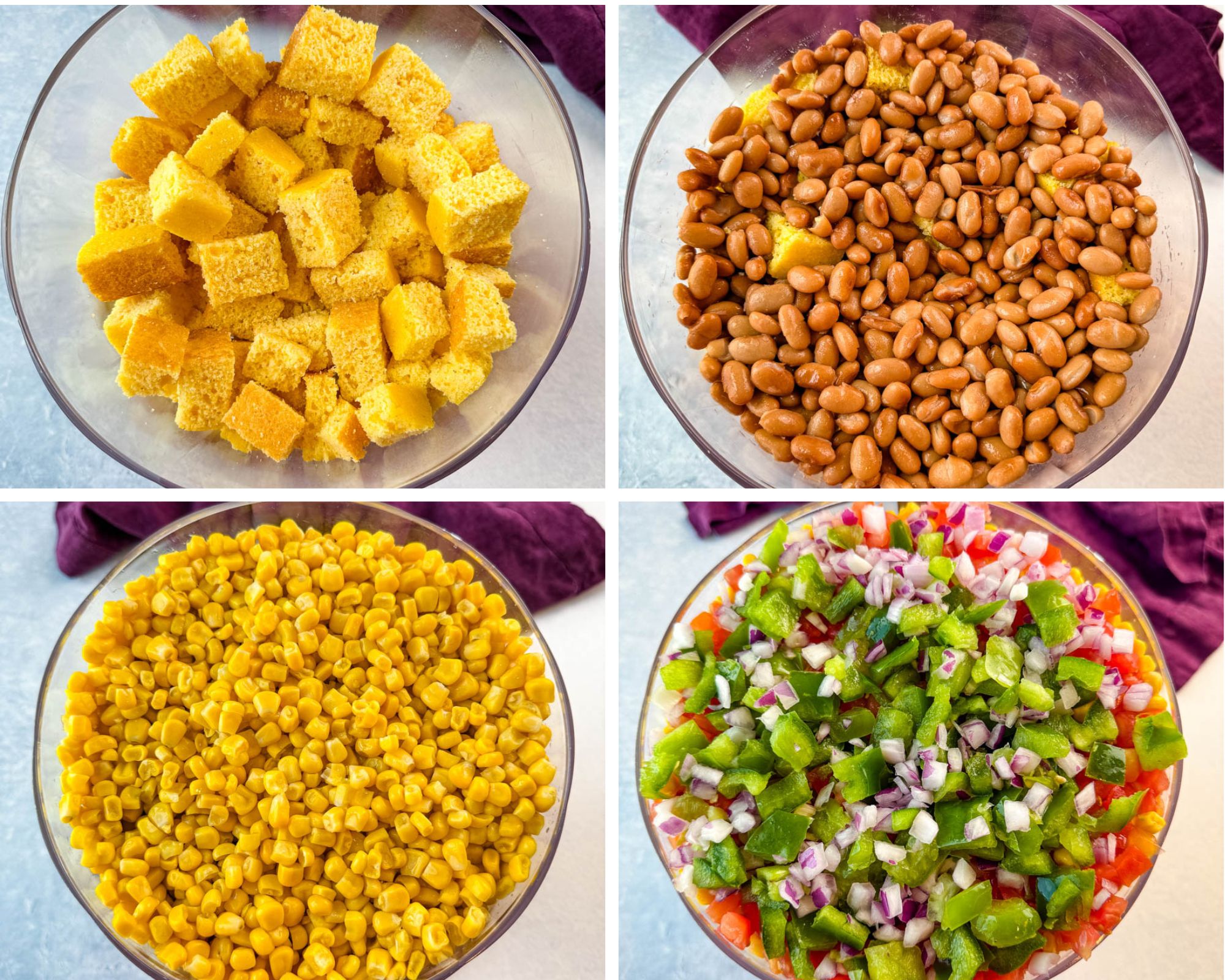 A collage featuring the key ingredients for Southern cornbread salad. Top left: a bowl of golden, cubed cornbread. Top right: pinto beans layered over cornbread. Bottom left: a bowl of bright yellow canned corn. Bottom right: a colorful mix of diced green bell peppers, red onions, and tomatoes.