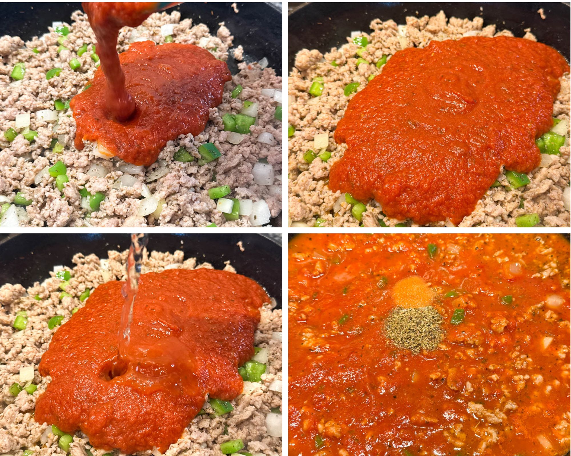 A four-panel collage showing: (top left) bright red tomato sauce being poured over browned ground meat with diced onions and green bell pepper in a cast-iron skillet; (top right) the sauce pooled atop the meat and vegetables; (bottom left) a splash of water added to the sauce in the skillet; (bottom right) the sauce and meat mixture simmering with a mound of dried Italian seasoning and salt on top.