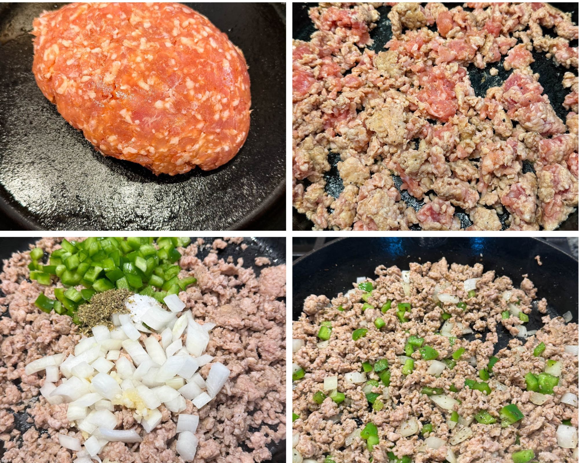A four-panel collage showing: (top left) a raw mound of ground Italian sausage in a hot skillet; (top right) the sausage broken up and beginning to brown; (bottom left) diced green bell pepper, chopped onion, minced garlic, and Italian seasoning added to the partially cooked meat; (bottom right) the meat and vegetables sautéed together until the peppers and onions are softened.