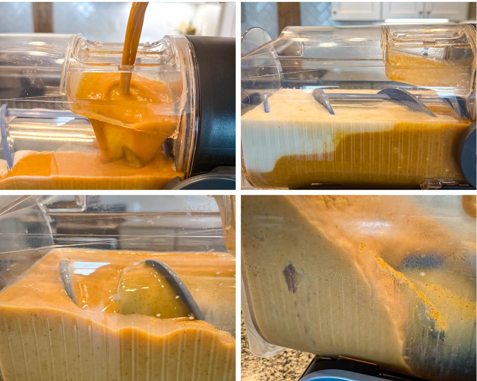 A Ninja Slushi machine blending pumpkin spice milkshake, showing pumpkin puree being poured in, mixing with milk, and the thick orange mixture swirling inside the container.