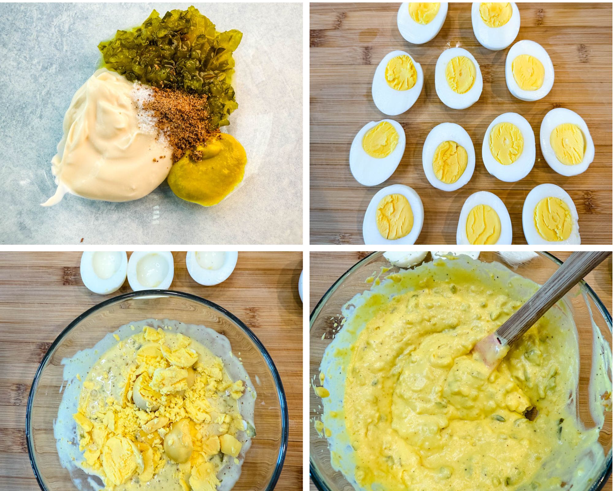 Four-image collage: relish, mayo, mustard, and seasoning on a surface; halved boiled eggs with yolks removed; egg yolks in a bowl with dressing; mixed deviled egg filling in a bowl.