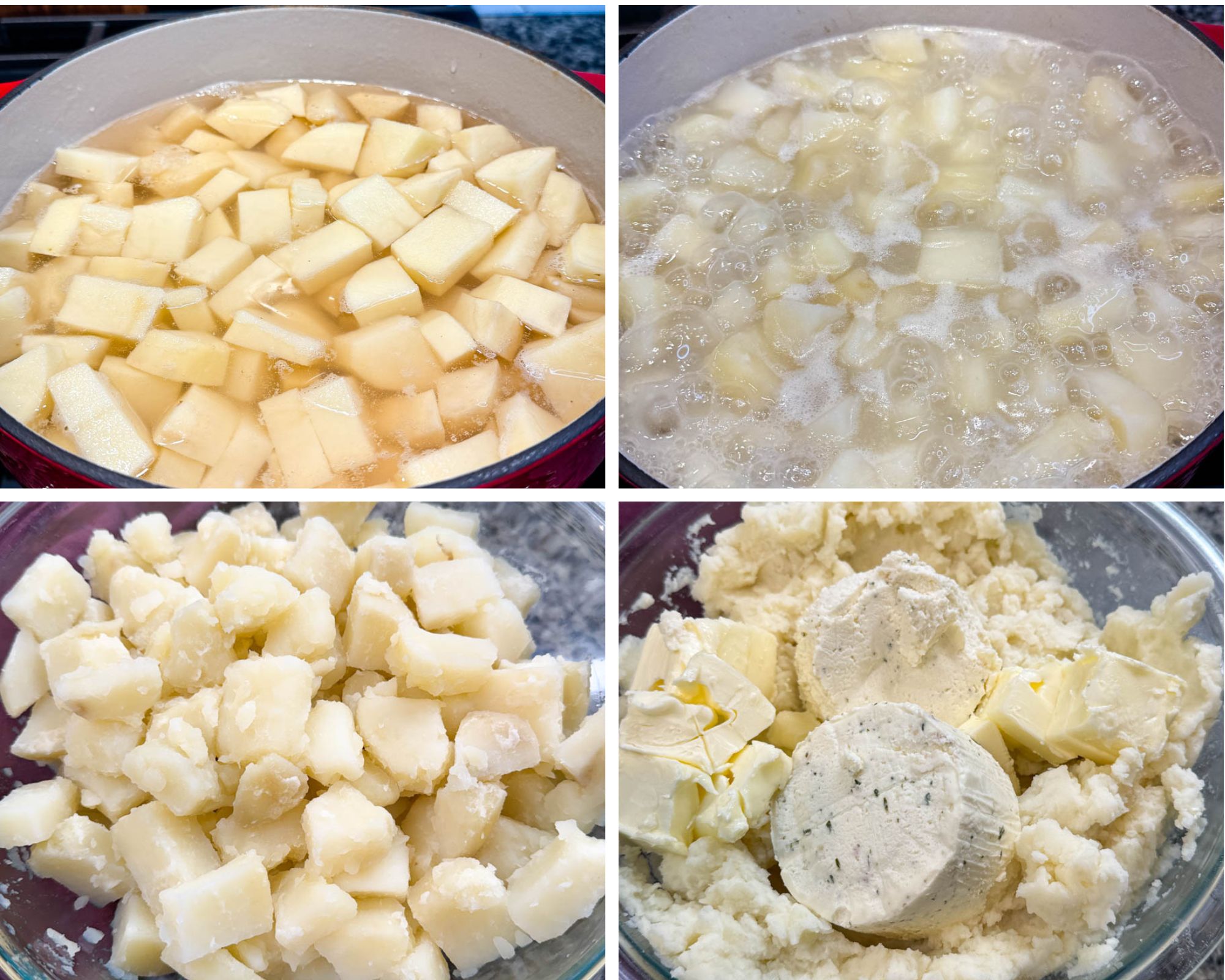 Four-image collage showing the process of making baked mashed potatoes: peeled and cubed potatoes in a pot of water, potatoes boiling, drained cooked potato chunks in a bowl, and potatoes mashed with butter and a round of herbed cheese.