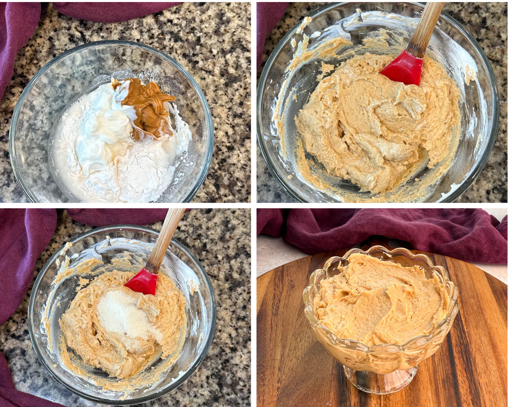 Four-image collage showing the process: mixing flour, Greek yogurt, water, and Biscoff butter; stirring into a thick batter; adding protein powder; and finished batter in a glass dish.