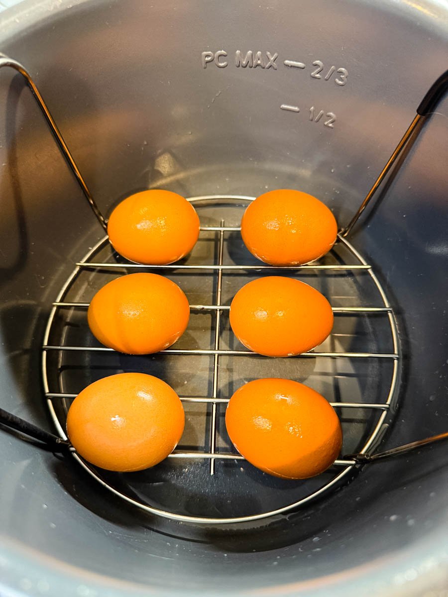 Six brown eggs on a rack inside an Instant Pot for pressure cooking.
