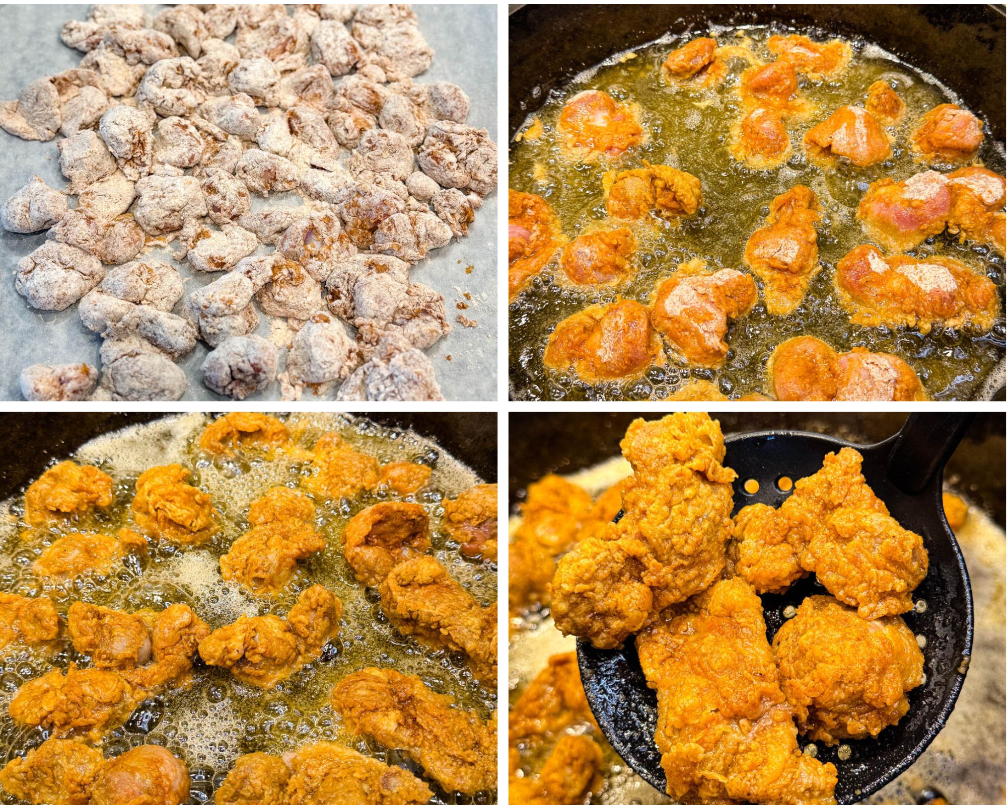 Step-by-step collage showing gizzards coated in flour, frying in hot oil, bubbling as they cook, and a slotted spoon lifting out crispy fried gizzards.