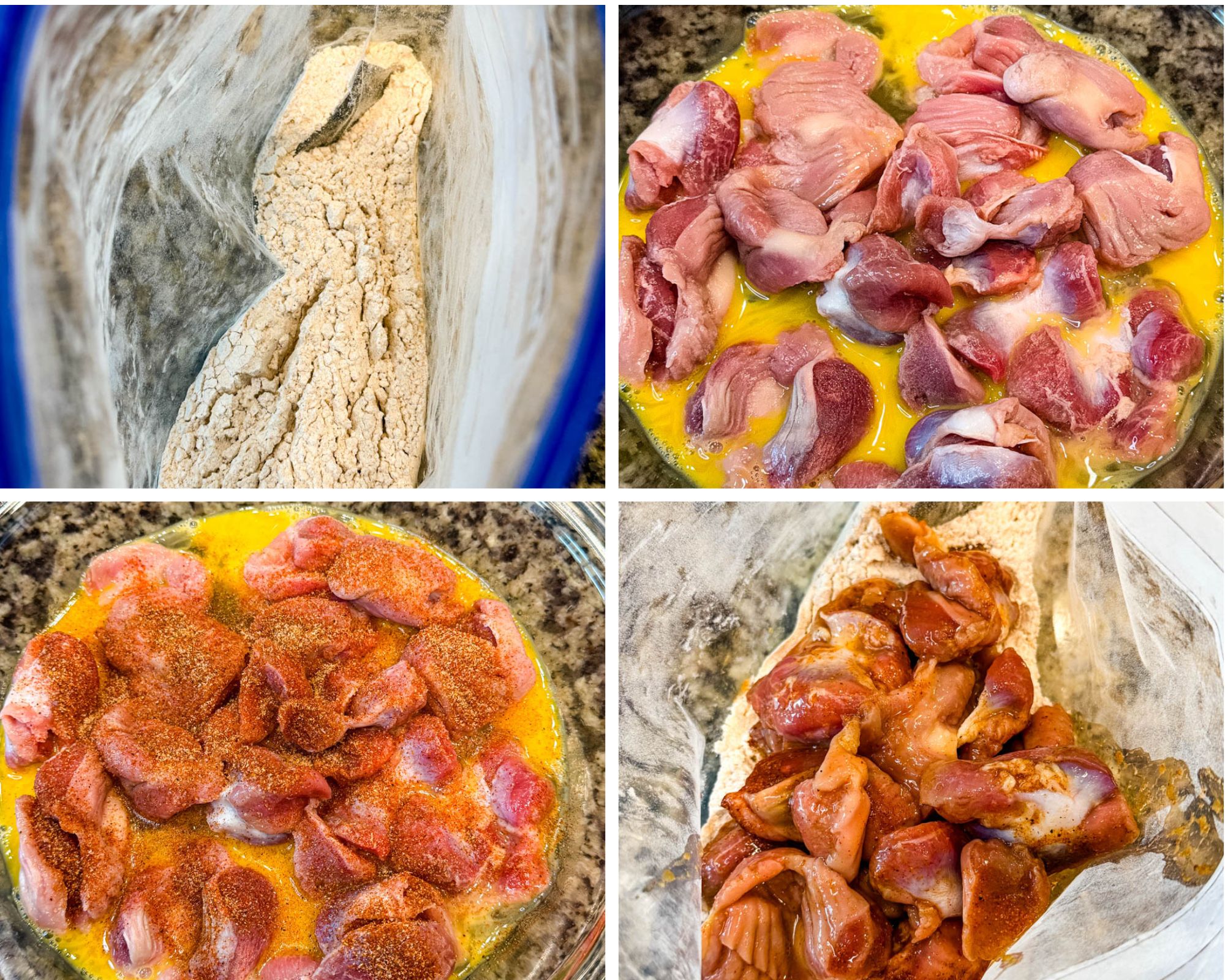 Step-by-step prep collage showing seasoned flour in a bag, raw chicken gizzards dipped in egg wash, gizzards coated with spices, and marinated gizzards being added to flour for dredging.