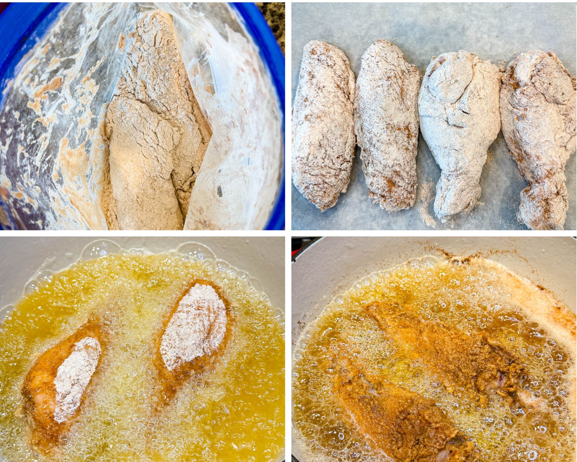 Top left—seasoned turkey wing coated in seasoned flour inside a plastic bag; Top right—four breaded turkey wings resting on parchment paper; Bottom left—two breaded turkey wings frying in bubbling oil; Bottom right—turkey wings mid-fry, golden brown in hot oil.