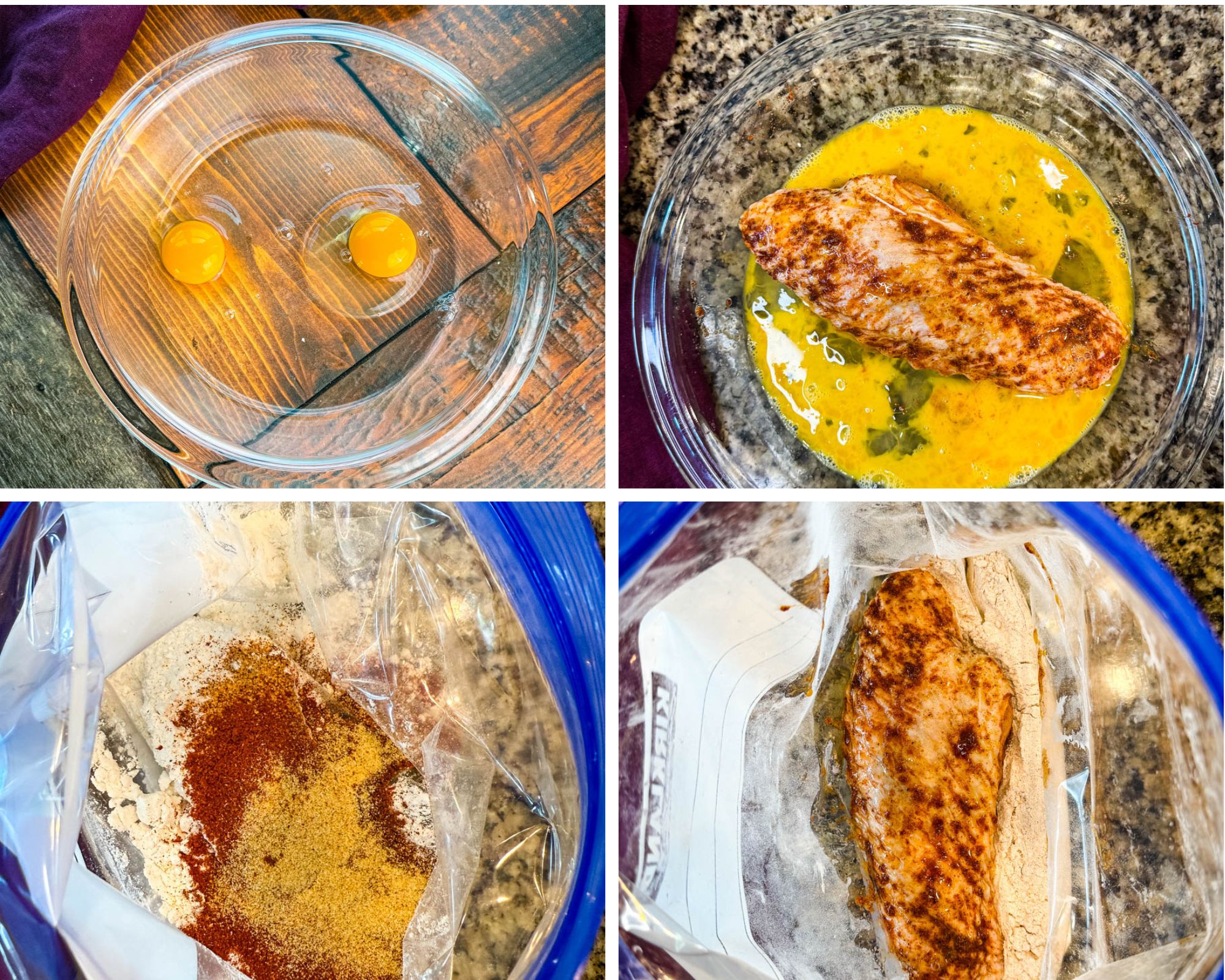 Top left—two raw eggs in a glass bowl; Top right—seasoned turkey wing coated in egg wash; Bottom left—seasoned flour with spices inside a plastic bag; Bottom right—seasoned turkey wing placed into the seasoned flour mixture inside the bag.