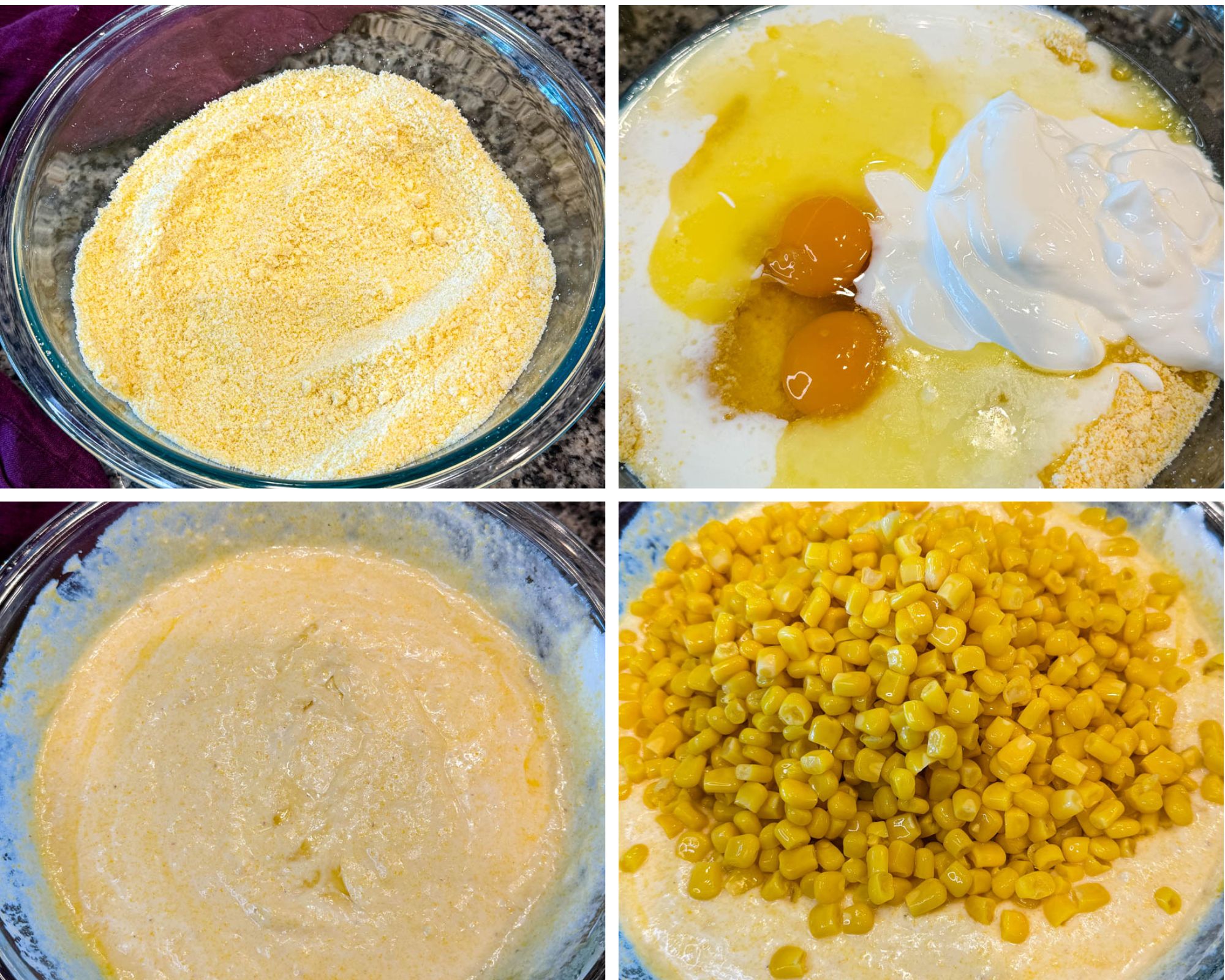 Four-step collage showing the process of making Jiffy corn casserole: dry mix in a bowl, wet ingredients added, mixed batter, and corn kernels added.