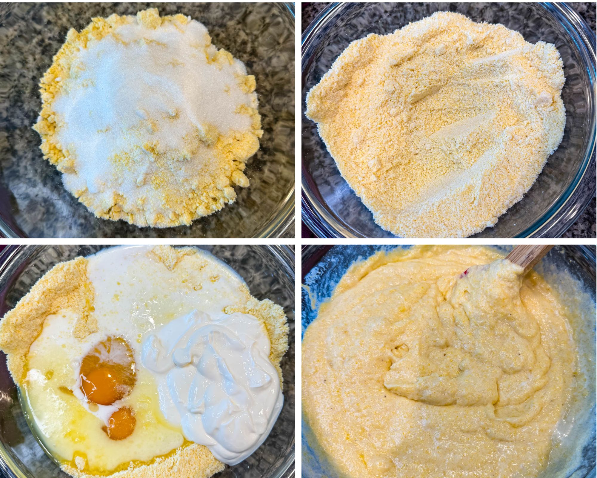 Four-step collage showing the process of making Jiffy cornbread: dry mix and sugar in a bowl, dry ingredients stirred together, eggs, milk, sour cream, and melted butter added, and the final mixed cornbread batter.