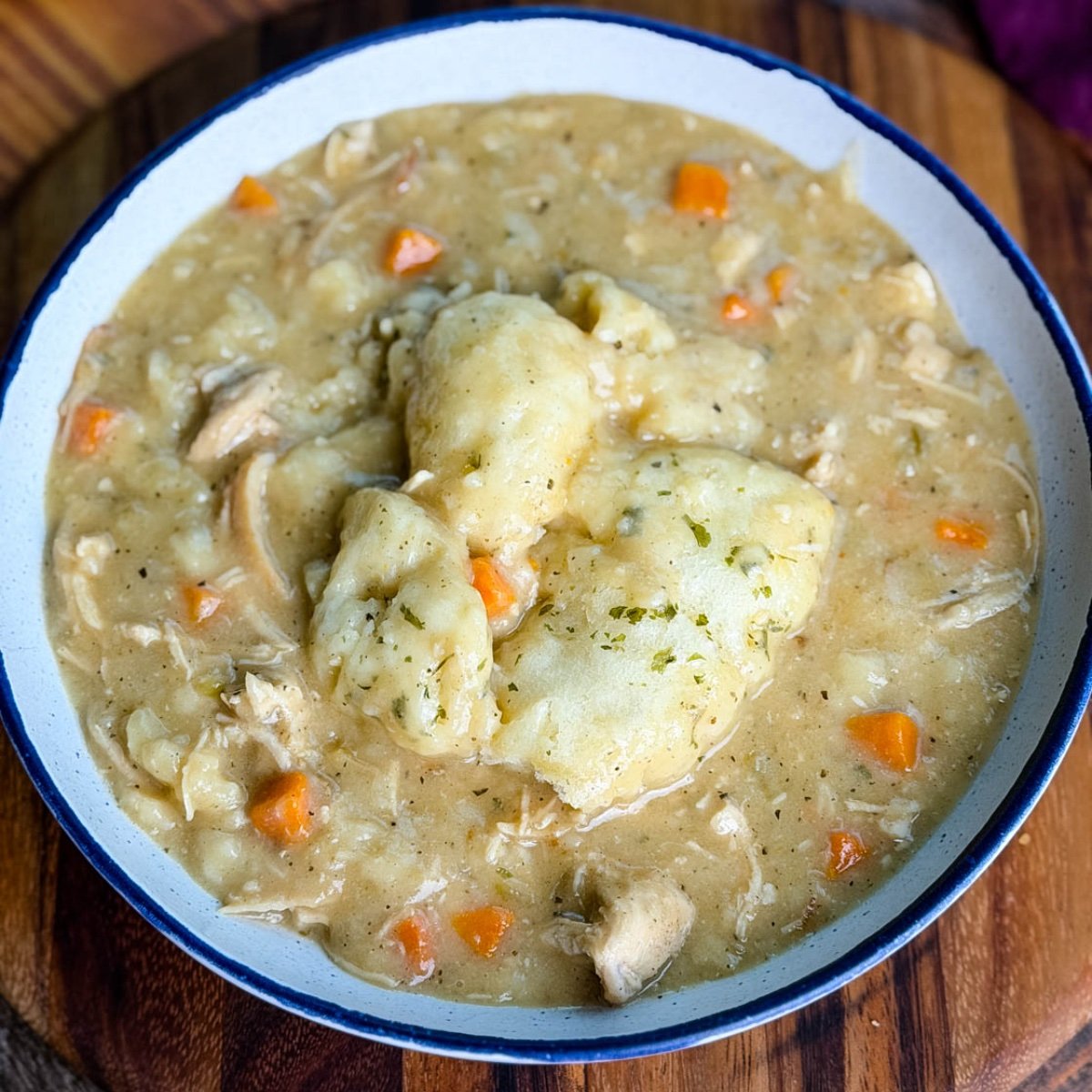 Bowl of chicken and dumplings – A close-up of a white bowl filled with creamy chicken and dumplings, featuring tender shredded chicken, chunks of carrots, and fluffy biscuit dumplings on top.