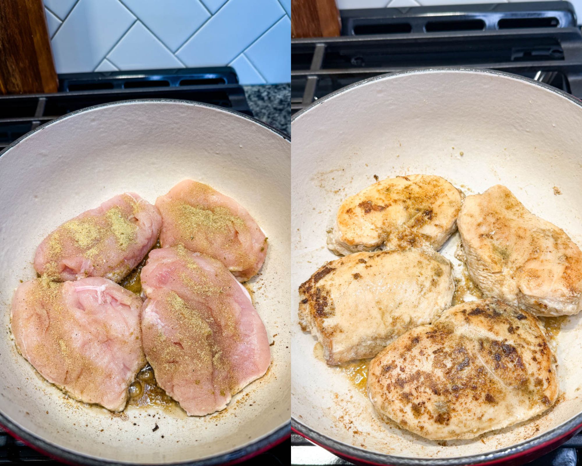 Seasoned chicken breasts being browned in a Dutch oven, showing both raw and golden-browned sides during the cooking process.