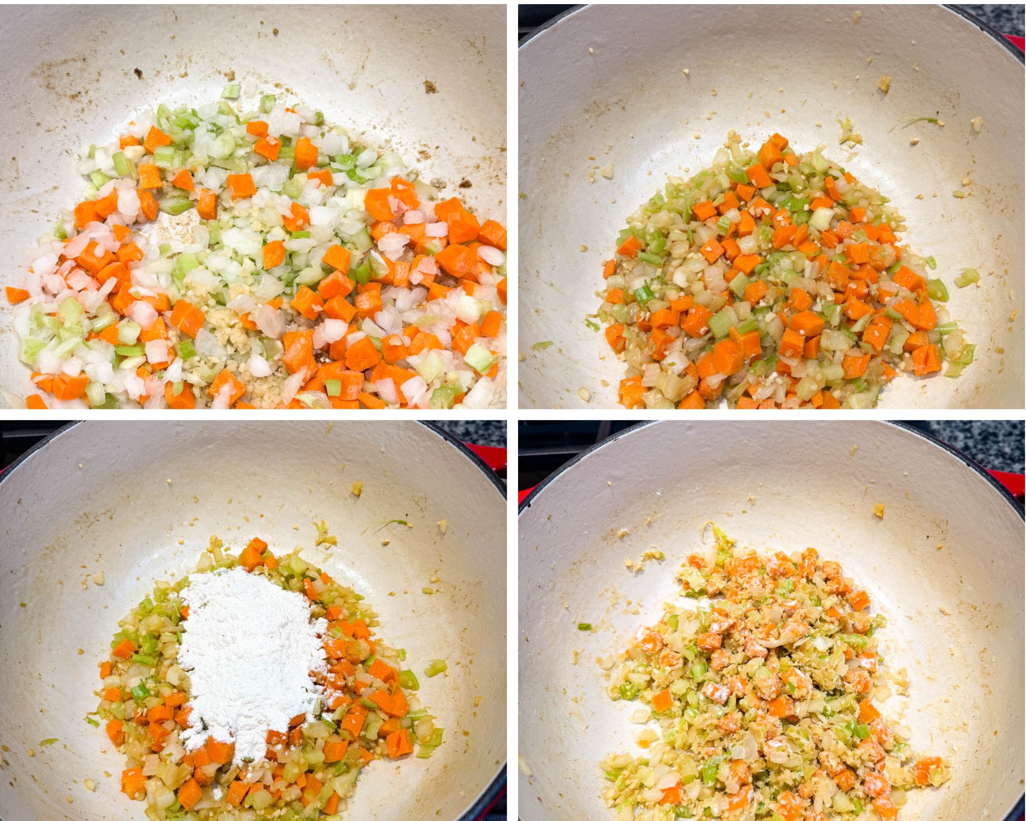 Step-by-step images of diced carrots, celery, onions, and garlic being sautéed in a pot, then mixed with flour to thicken the base for chicken and dumplings.