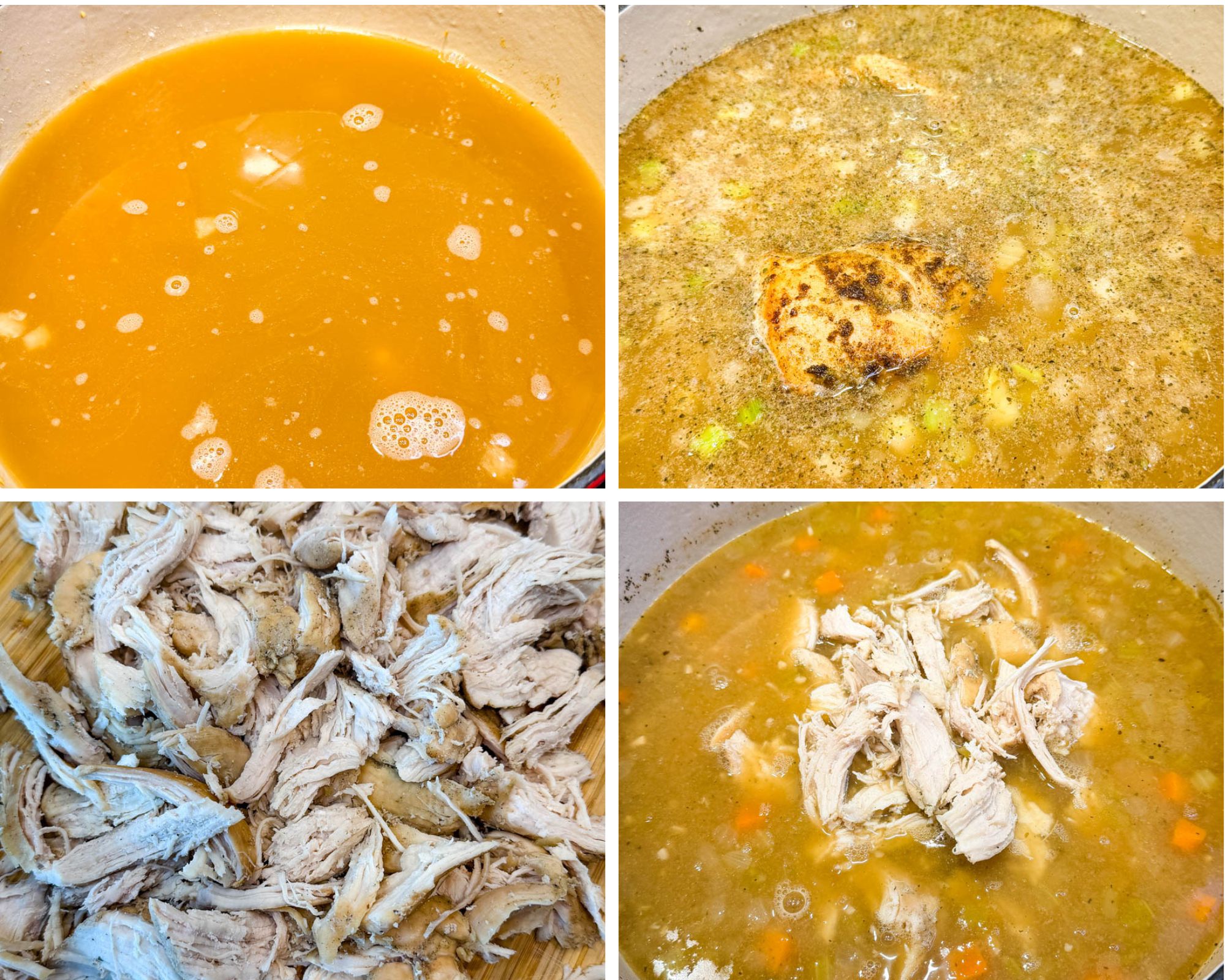 A sequence of broth added to the pot, chicken simmering in the broth, shredded chicken on a cutting board, and the shredded chicken being returned to the pot.