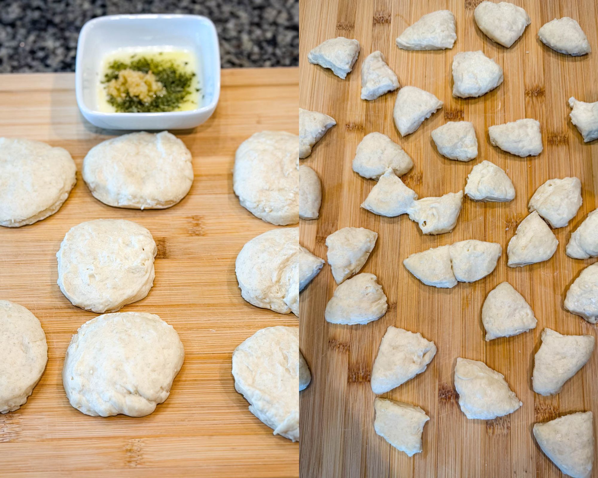 Refrigerated biscuit dough rounds on a cutting board with a small dish of melted butter, garlic, and parsley; on the right, biscuits cut into small dumpling pieces ready to be cooked.
