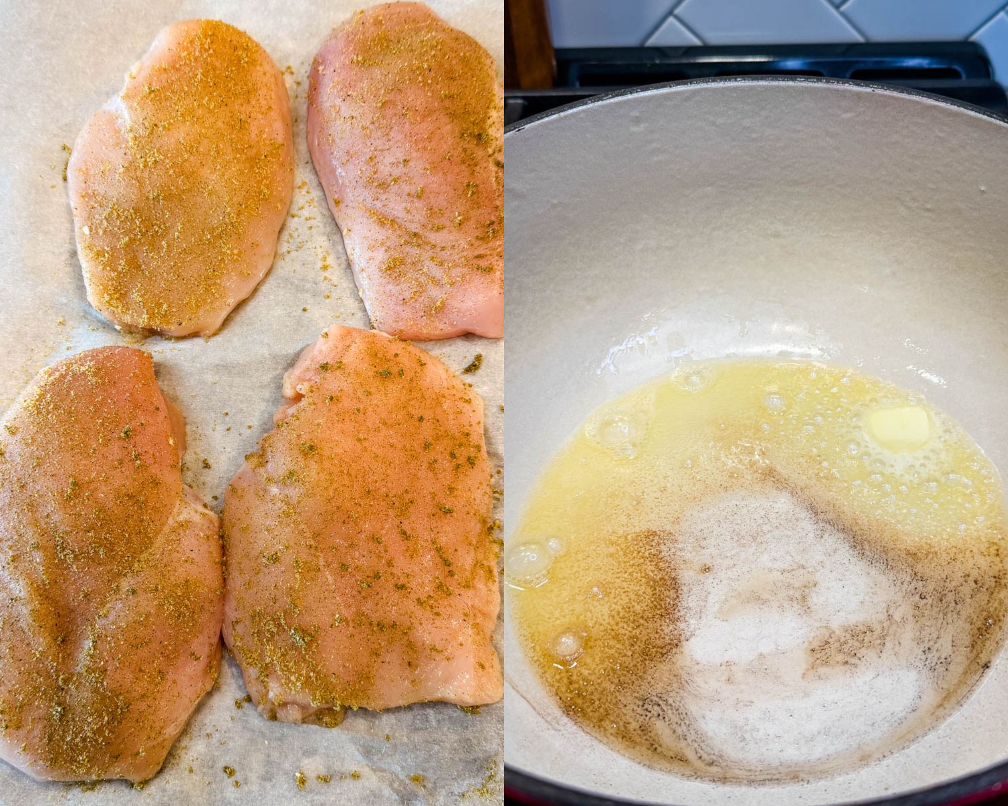 Raw chicken breasts seasoned with spices on parchment paper next to a Dutch oven with melted butter sizzling inside.
