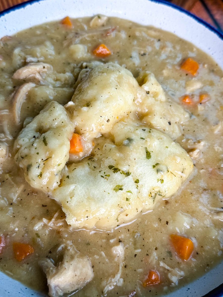 A close-up of a serving of chicken and dumplings in a bowl, showing tender biscuit dumplings, chunks of chicken, and carrots in thick gravy.