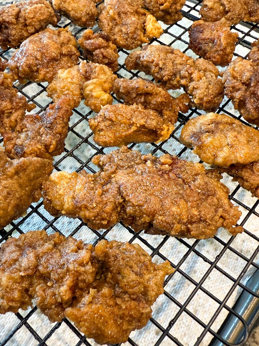 fried chicken livers on a wire rack