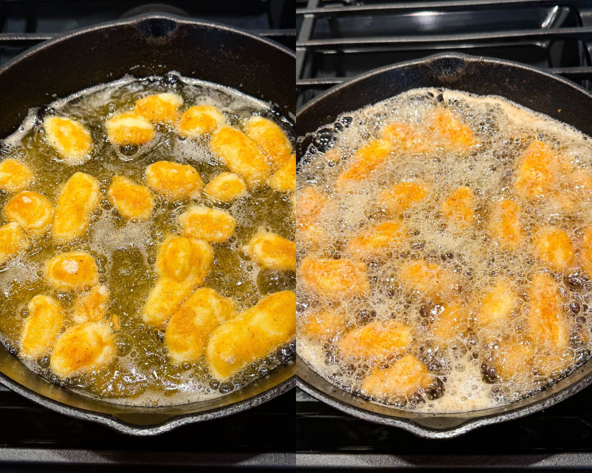Side-by-side photos of cheese curds frying in hot oil inside a cast iron skillet, one showing lightly golden curds and the other bubbling as they crisp up.