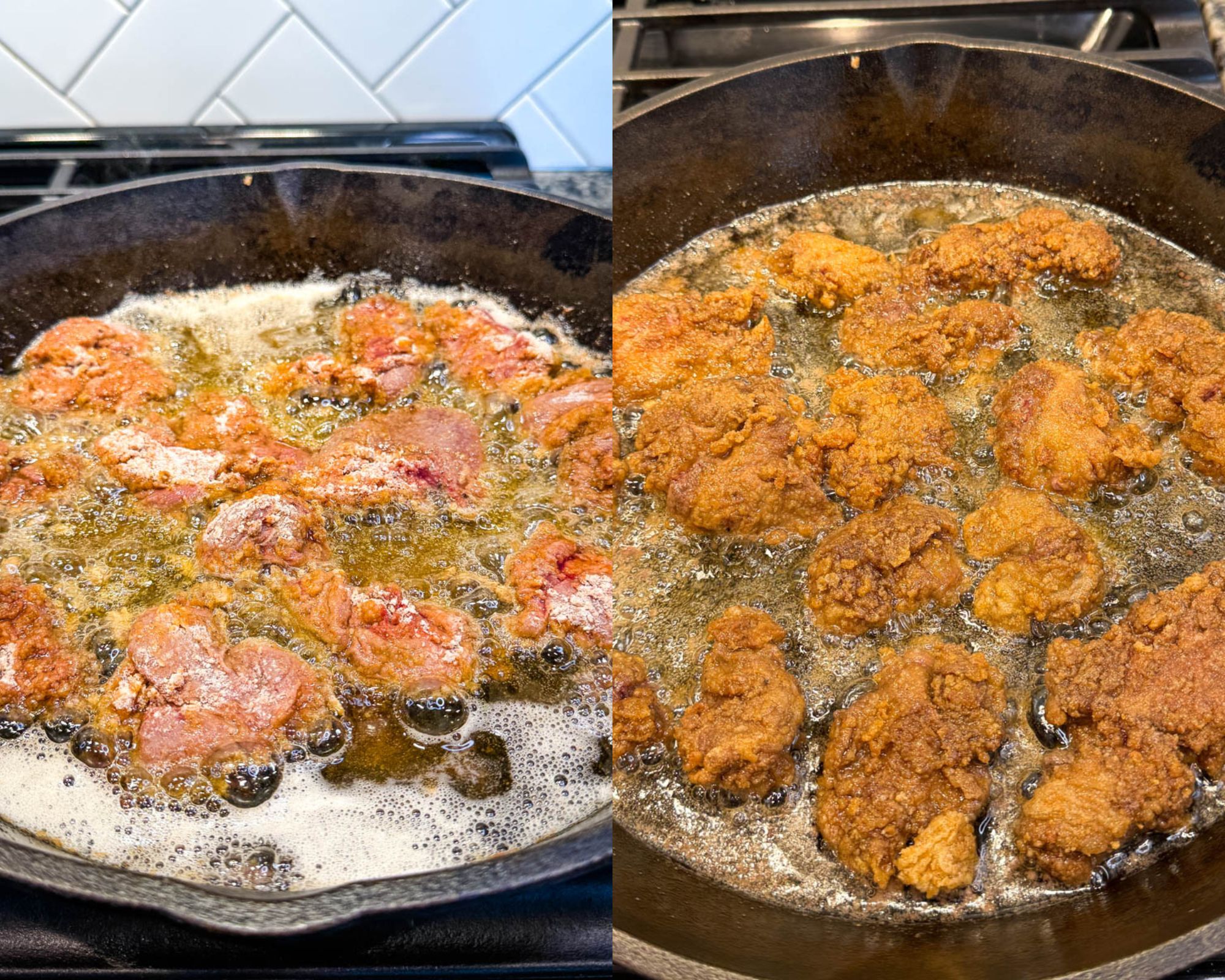 Side-by-side photos of chicken livers frying in hot oil, showing the raw breaded livers on the left and crisp golden brown livers on the right.