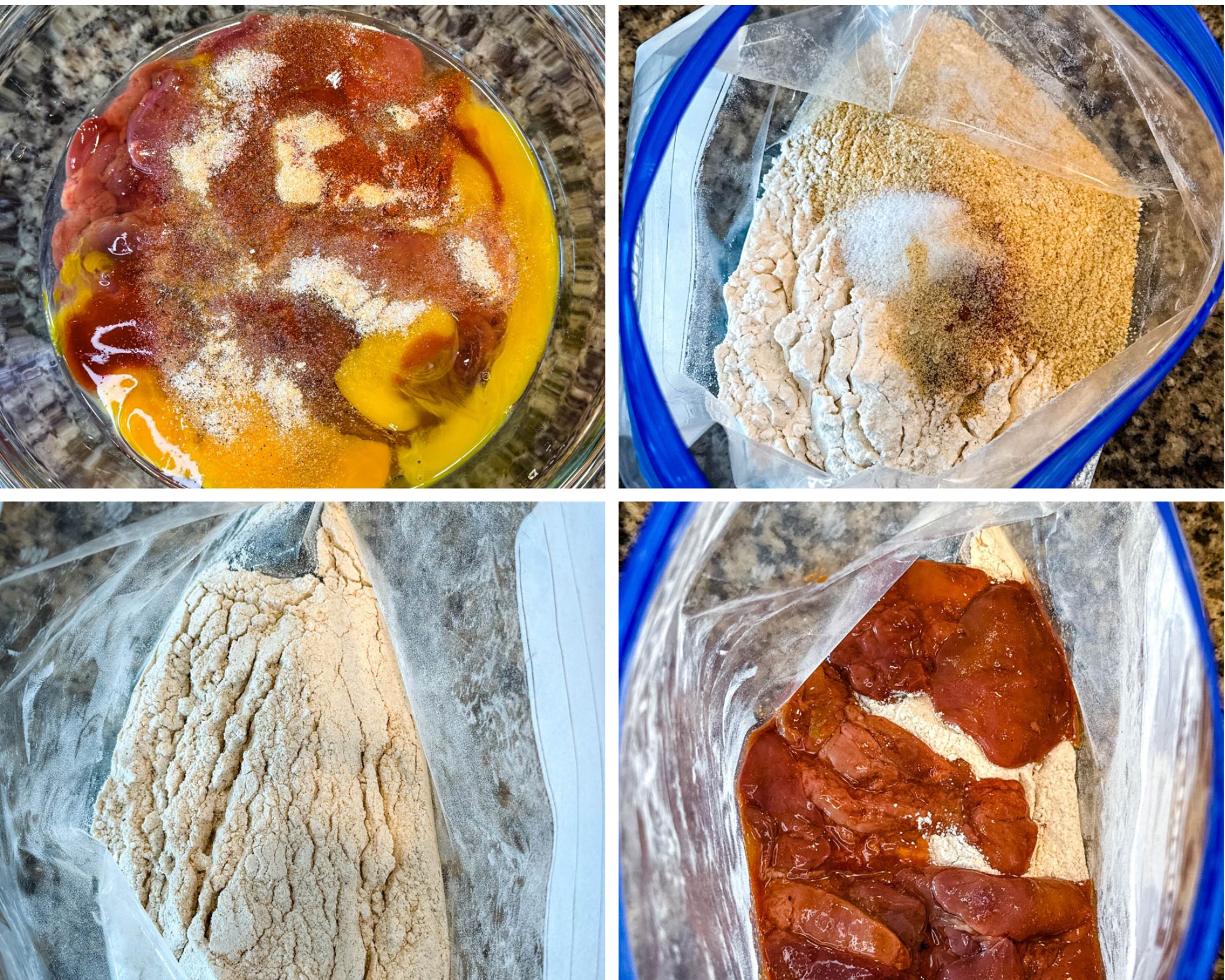 Four images: chicken livers mixed with egg and hot sauce, seasoned flour and breadcrumbs in bags, and livers coated in the seasoned flour mix.