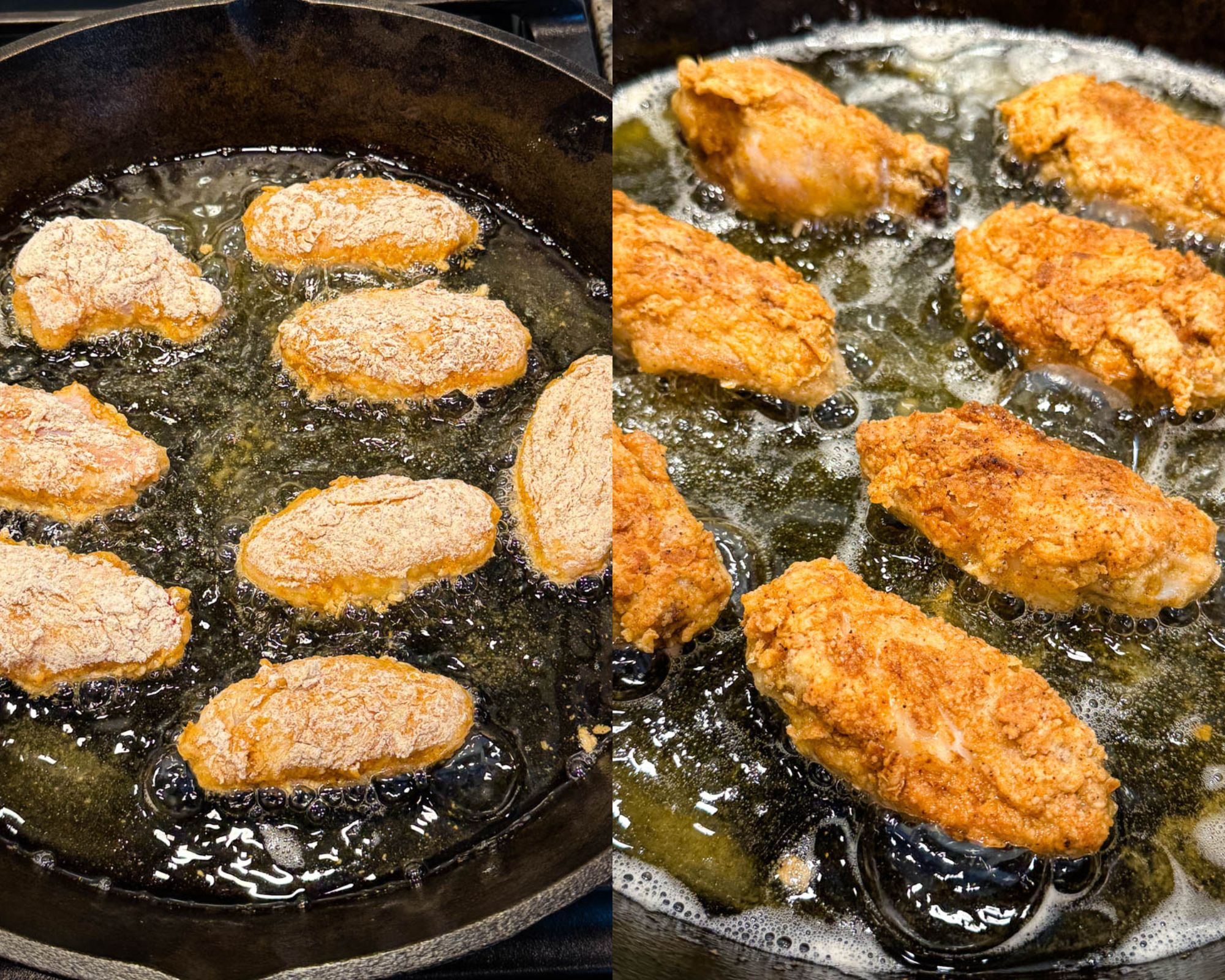 Side-by-side image showing chicken wings frying in a cast iron skillet — one side with raw breaded wings just added, and the other with golden brown wings mid-fry.