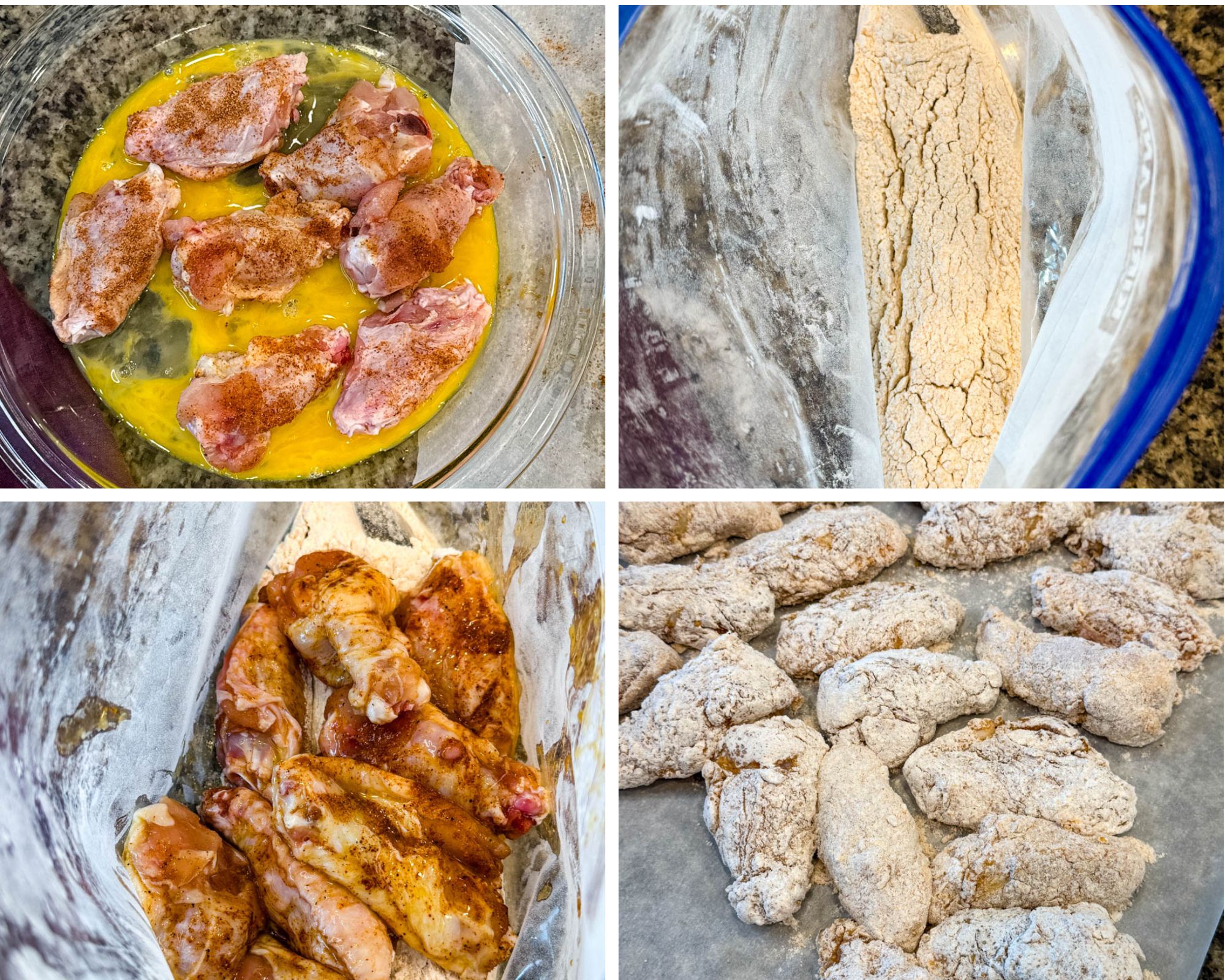 Step-by-step prep shots — wings coated in egg wash, seasoned flour in a bag, wings tossed in the flour mixture, and breaded wings laid out on parchment before frying.