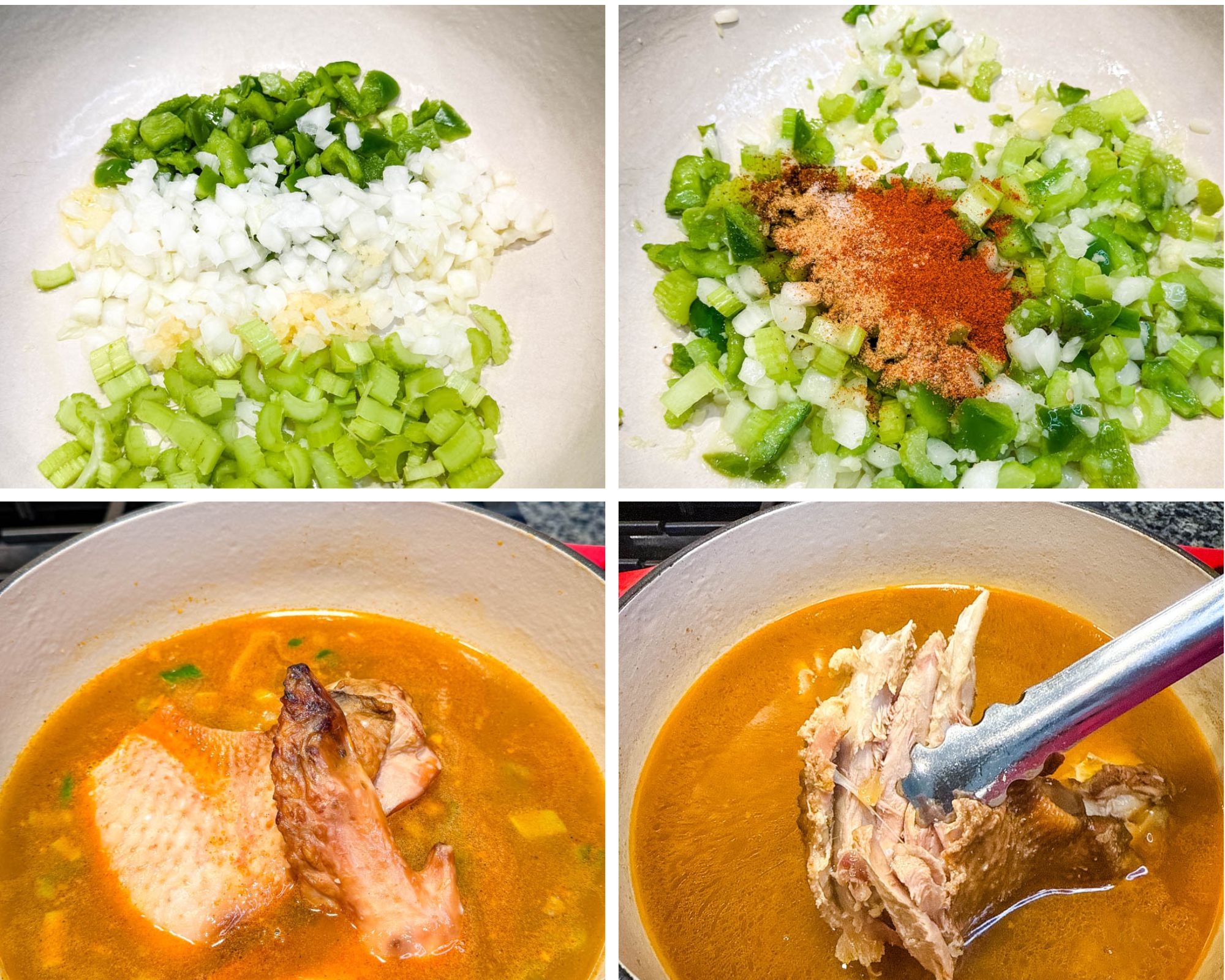 Chopped onion, celery, green bell pepper, and garlic in a pot ready to cook. Same vegetables sautéed with seasonings like paprika and Creole spice blend. Smoked turkey wing simmering in a pot of seasoned broth. Cooked smoked turkey being lifted out of the broth with tongs.
