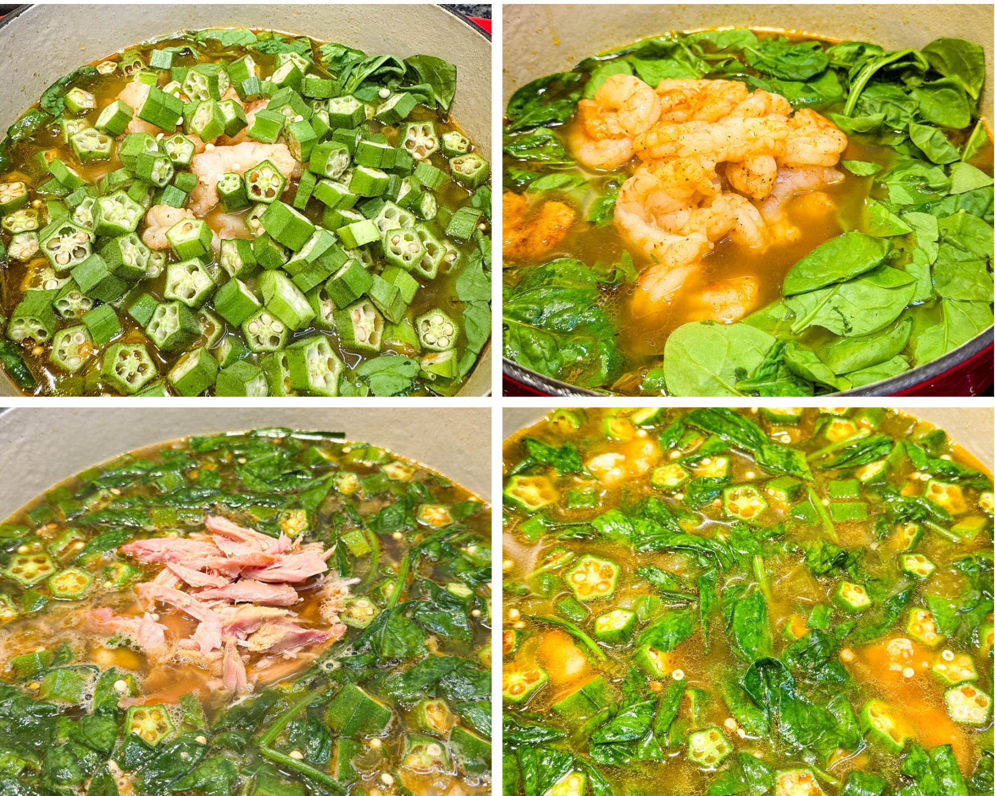 Chopped okra, shrimp, and spinach simmering in broth inside a large pot. Shrimp and fresh spinach leaves added to the pot of seasoned broth. Shredded smoked turkey meat added to the simmering pot of okra and greens. Pot of okra soup simmering with spinach, shrimp, and smoked turkey.