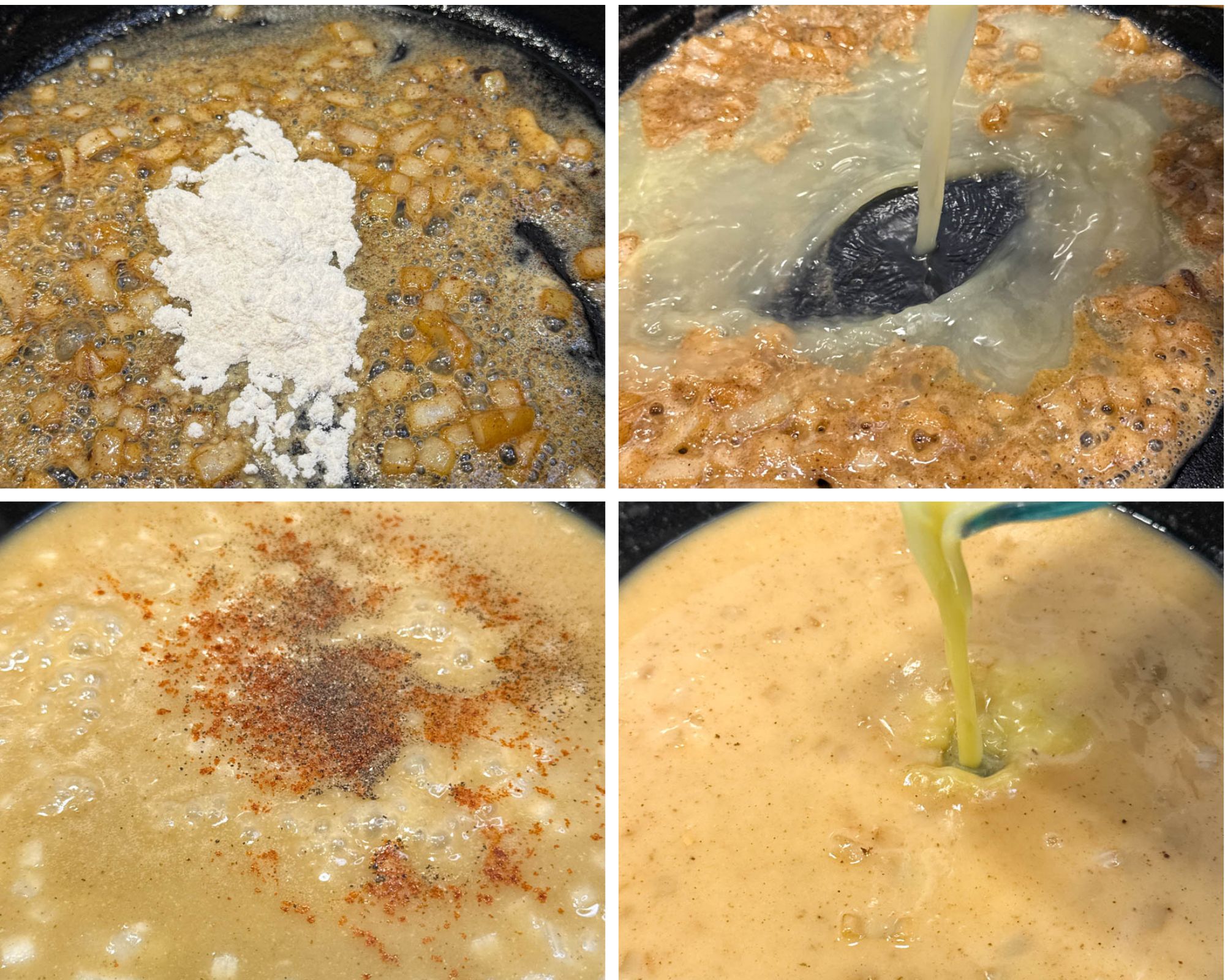 Onions sautéing with flour sprinkled on top to form a roux. Chicken broth being poured into the skillet with the roux. Gravy mixture simmering with visible seasoning like paprika and pepper. More broth being poured in, creating a smooth, golden-brown gravy.