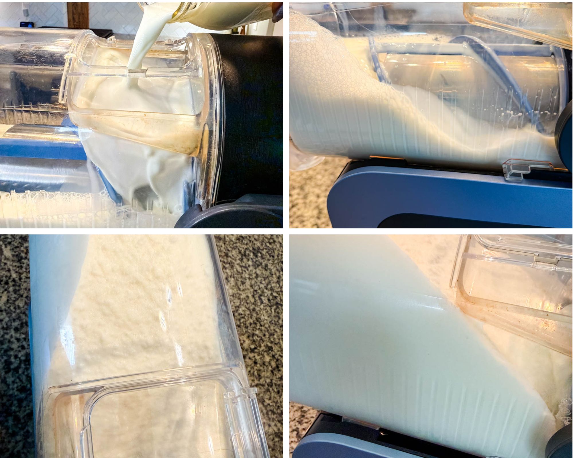 Four-photo collage showing milk mixture being poured into the Ninja Slushi machine, freezing, and churning inside the container to create the McFlurry base.