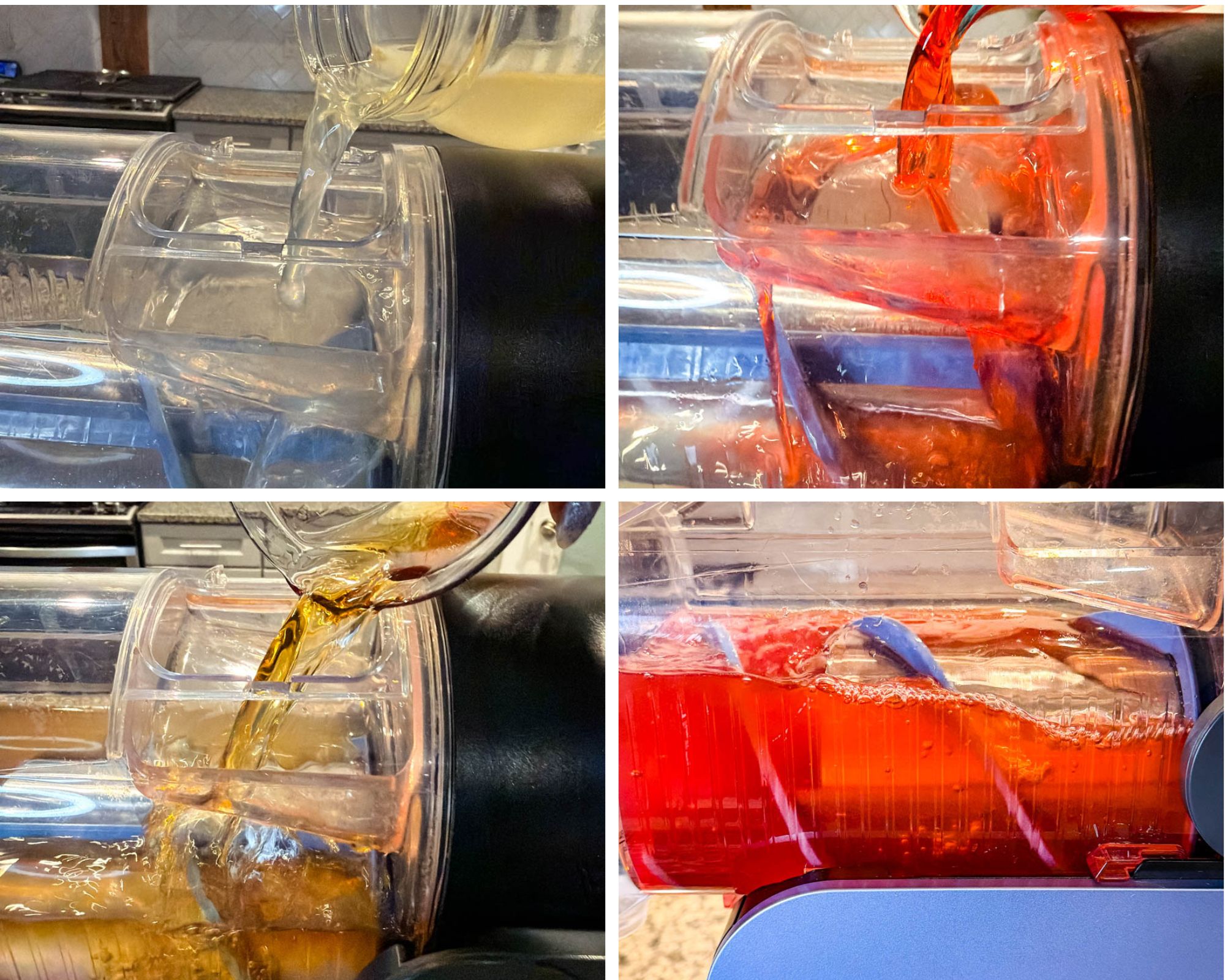 Pouring pineapple juice, grenadine, rum, and club soda into the Ninja Slushi machine to start making the rum punch.