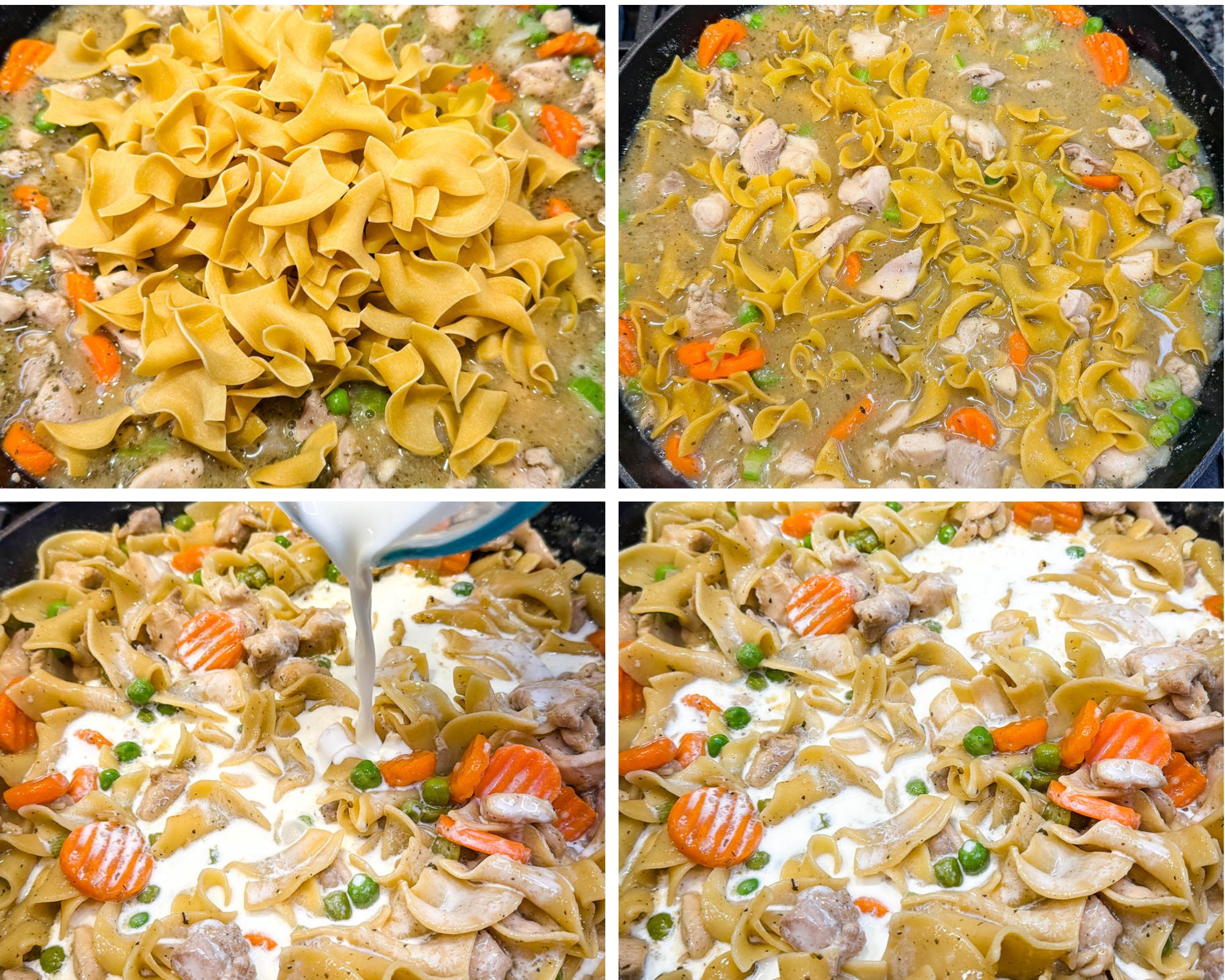 Step-by-step collage showing chicken pieces cooking in a skillet with seasonings, then mixed with peas, carrots, celery, and onions, thickened with flour, simmered with noodles, and finished with creamy sauce for a one-pot chicken pot pie casserole.