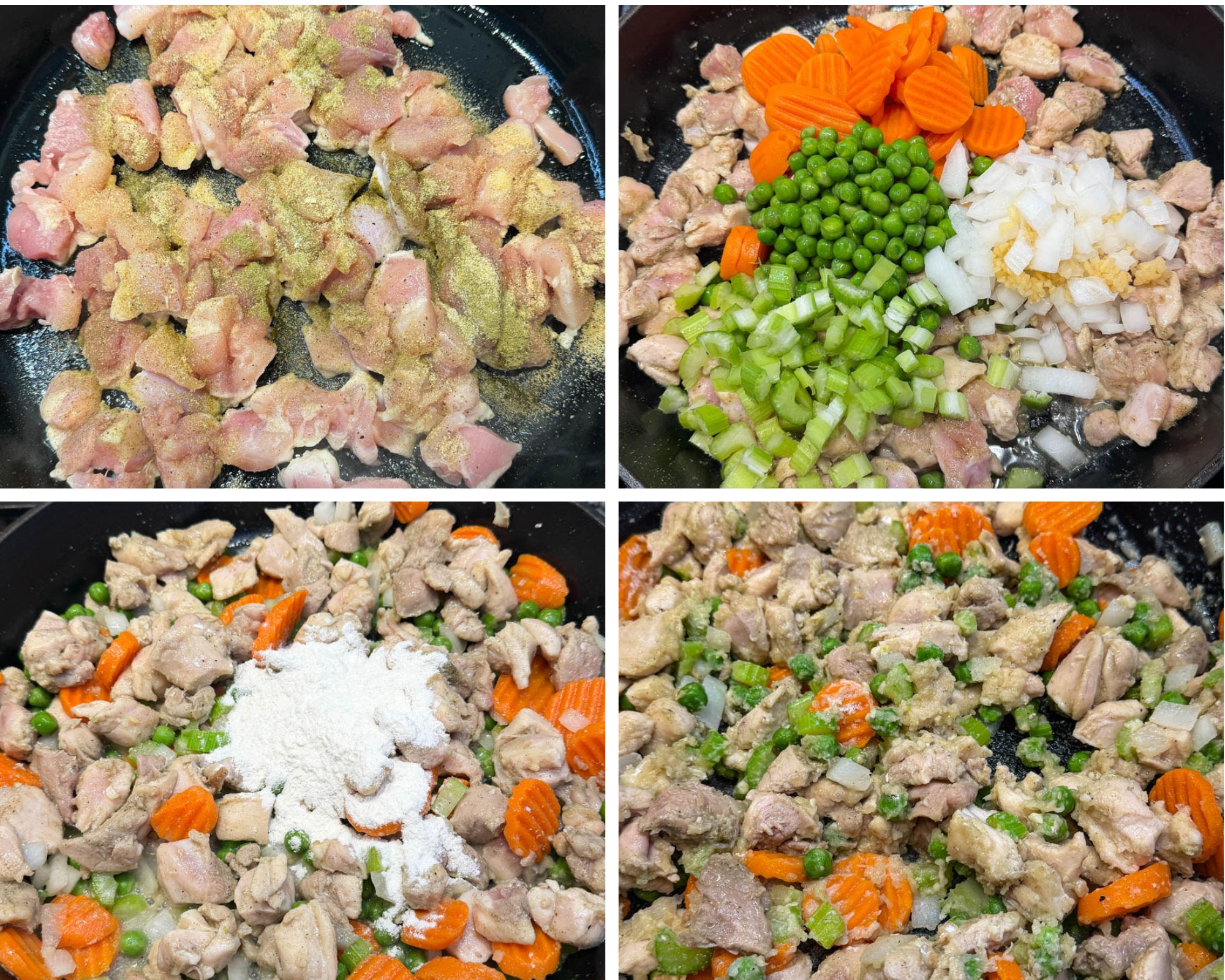 Process shots of egg noodles added to the skillet, simmering with chicken and vegetables, then cream being poured in to make a rich, one-pot chicken pot pie casserole.