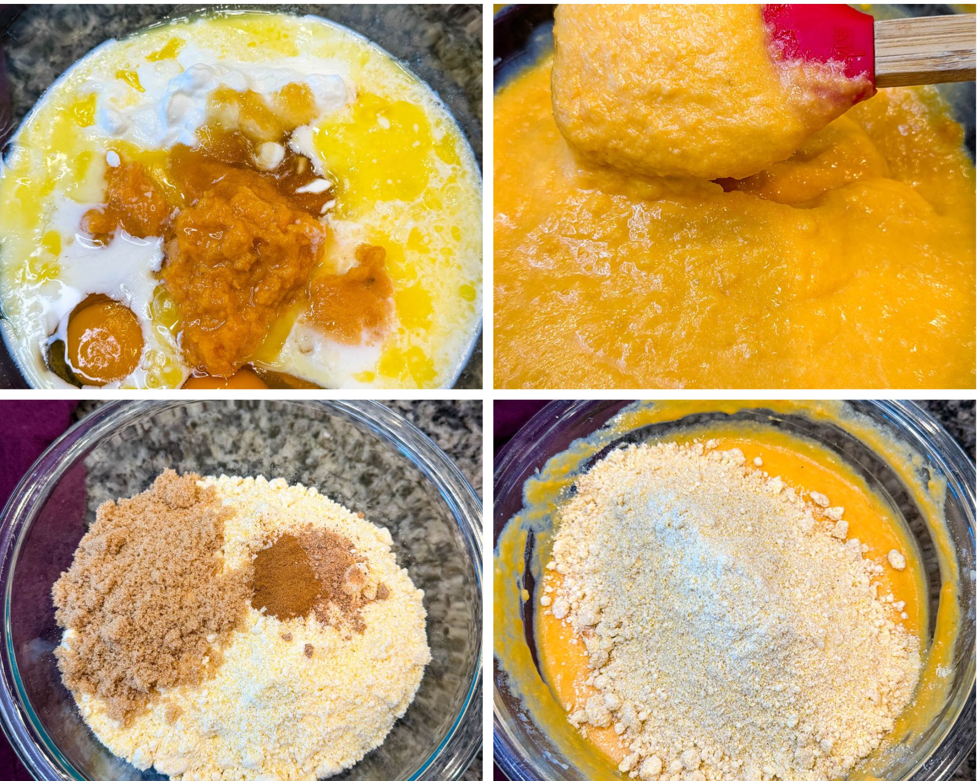 Step-by-step collage showing how to make Jiffy sweet potato cornbread muffin batter — combining wet ingredients, mixing in sweet potatoes, adding spices and brown sugar to Jiffy mix, and folding everything together into a smooth batter.
