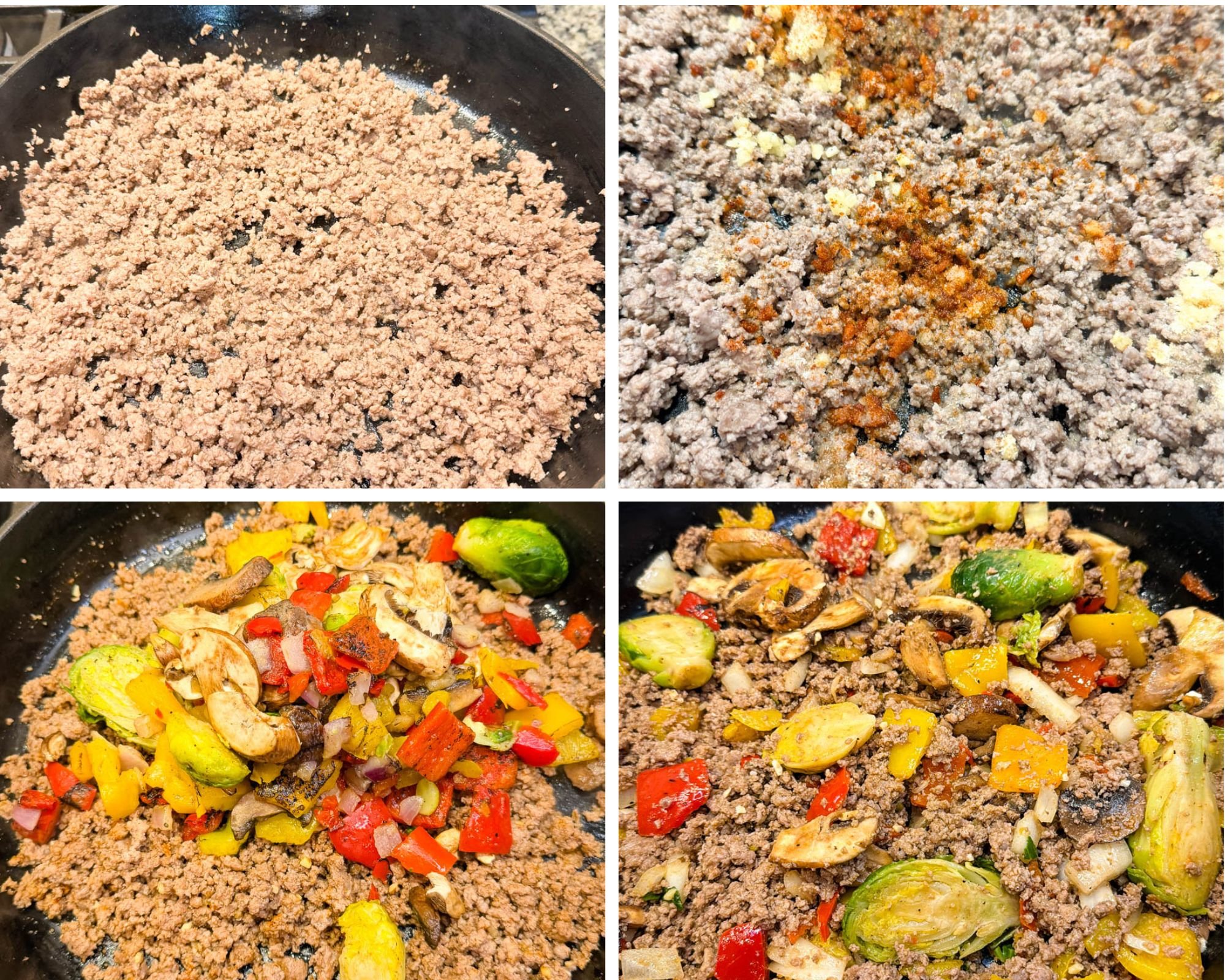 Step-by-step collage showing the process of making Mongolian ground beef: browning ground beef, adding seasoning, tossing in garlic and onions, then mixing in colorful veggies like Brussels sprouts, mushrooms, and peppers.