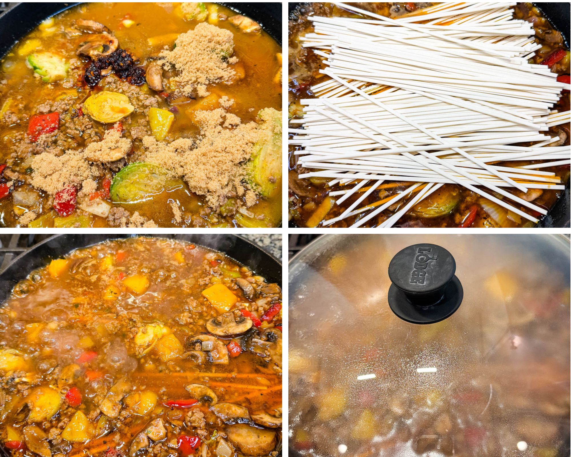 Step-by-step collage showing broth, soy sauce, and brown sugar being added to cooked beef and veggies, then uncooked udon noodles placed on top and covered to cook in the flavorful sauce.