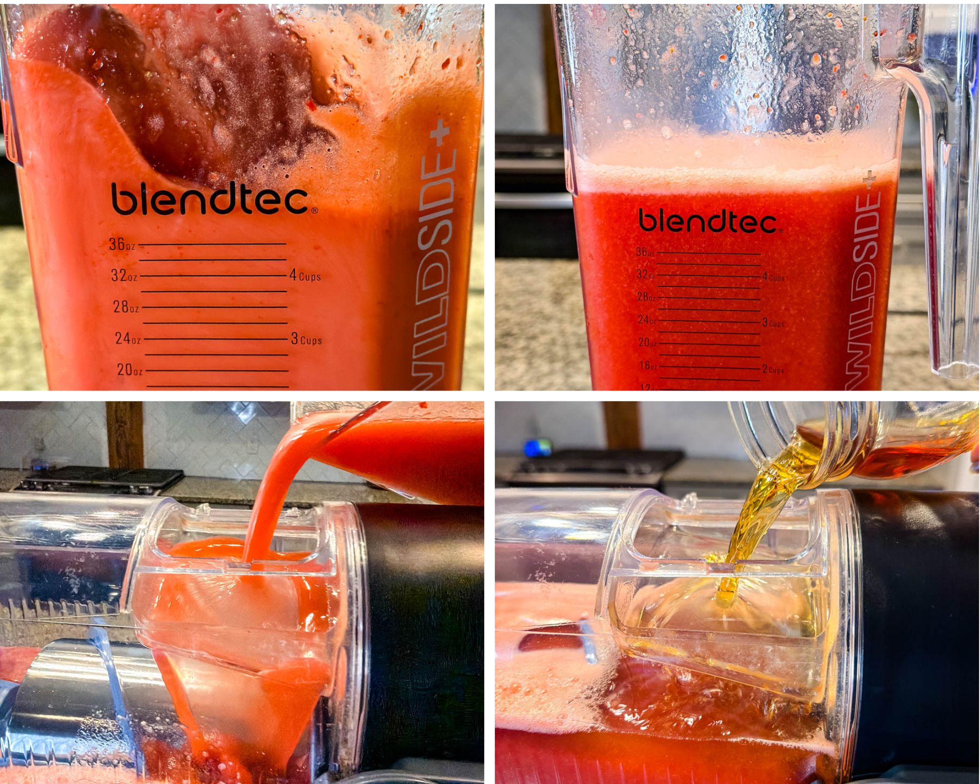 Step-by-step collage showing the Hennessy slushie process — blending strawberries, pouring the red mixture into the Ninja Slushi machine, and adding Hennessy to create the frozen drink.